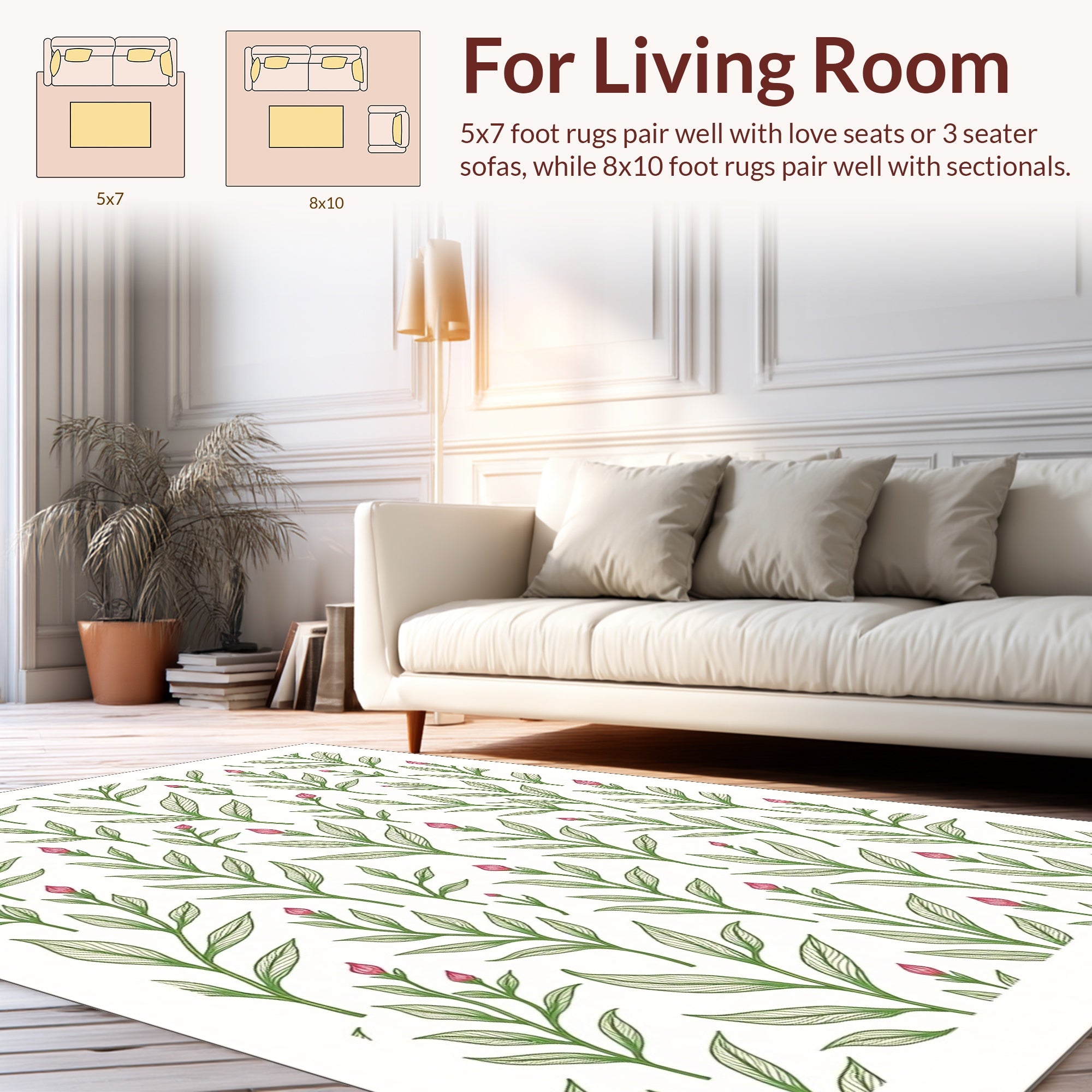 Delicate Green Leaf Pink Bud Pattern Rug