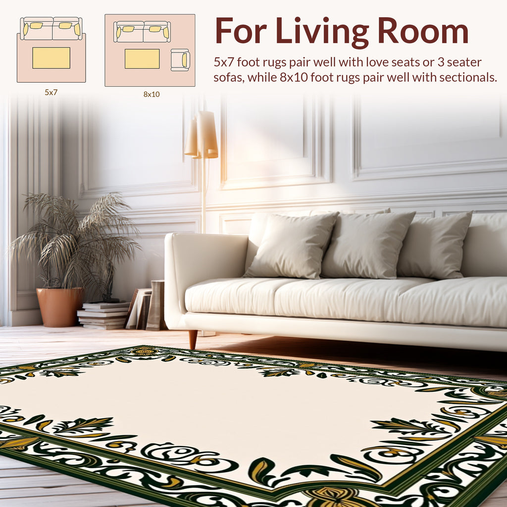 Intricate Green Gold Floral Filigree Rug
