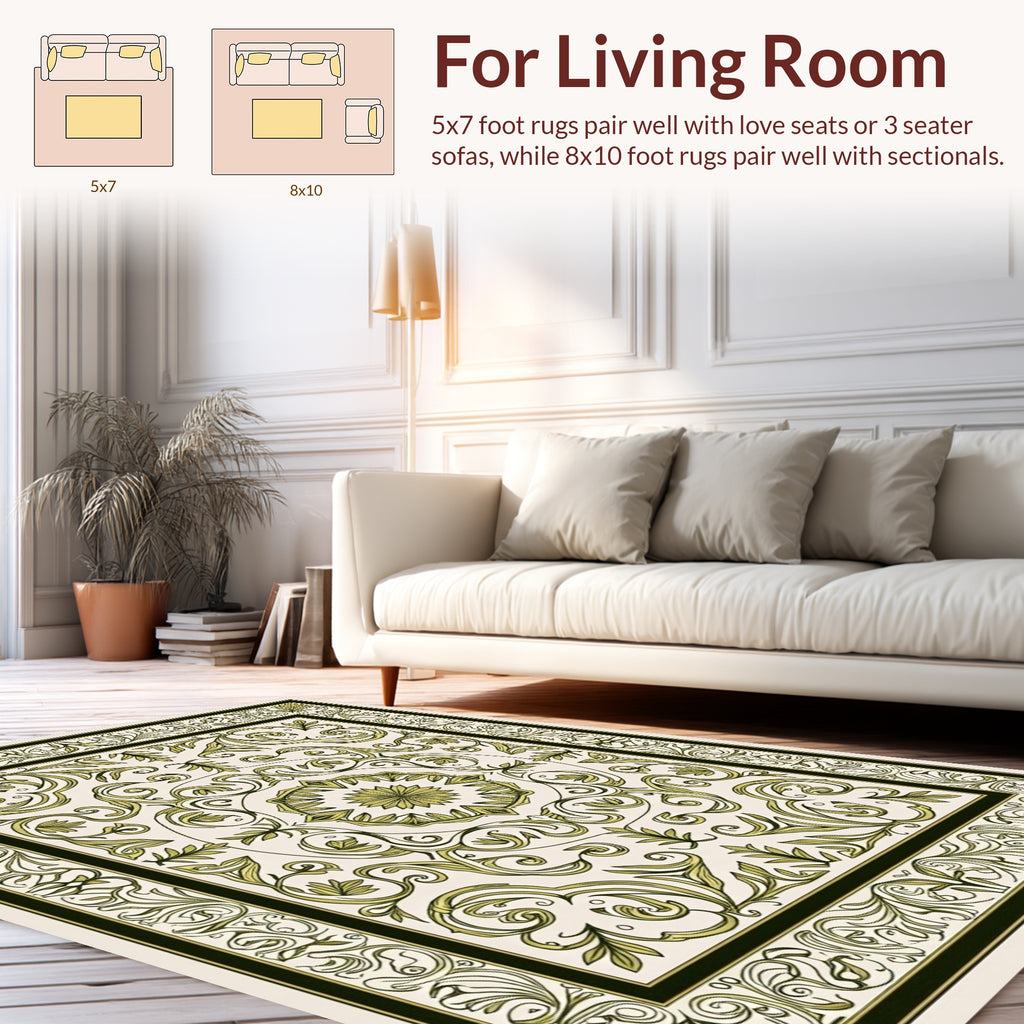 Green Floral Scrollwork Classic Design Rug