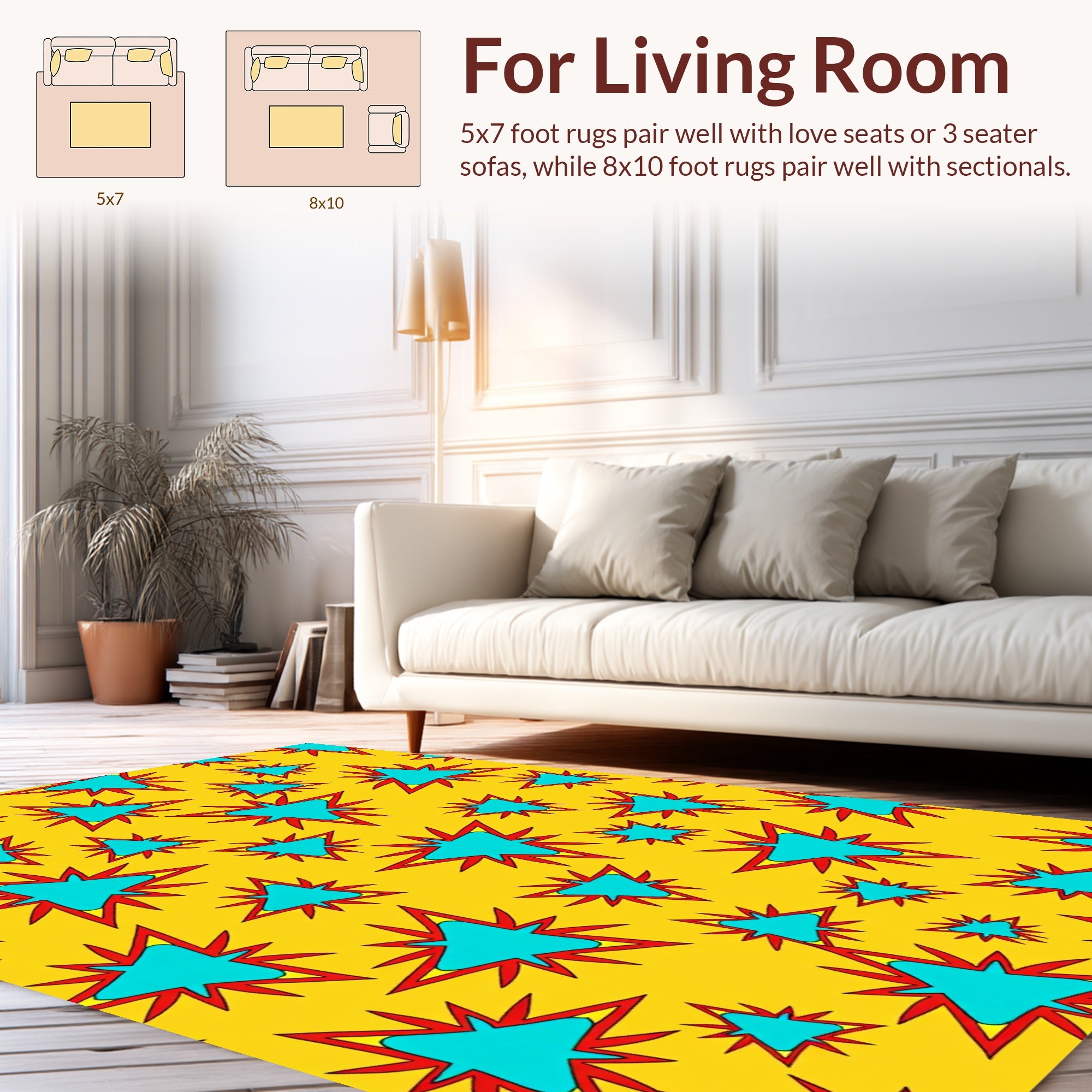 Explosion Pattern With Blue Star Shapes Rug