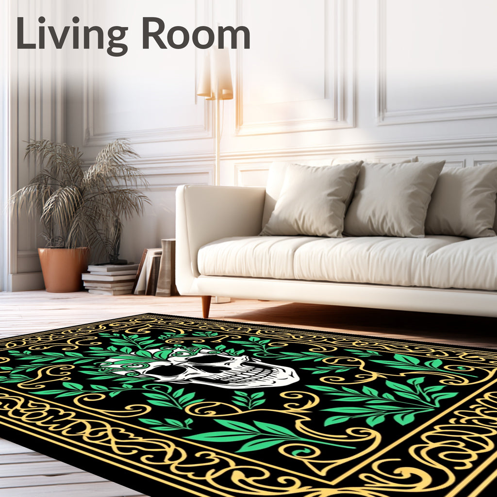 Spooky Skull Green Leaf Border Rug