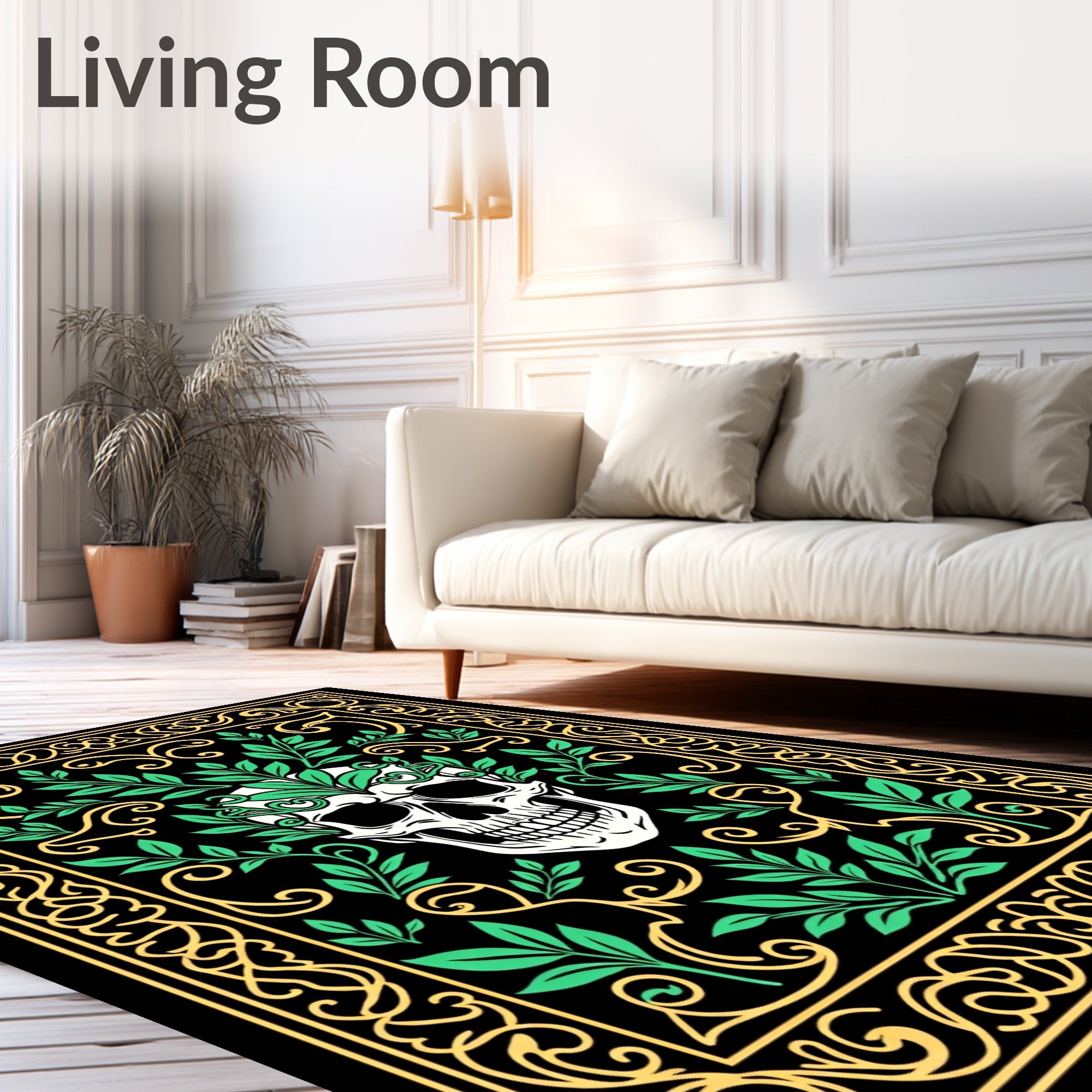 Spooky Skull Green Leaf Border Rug