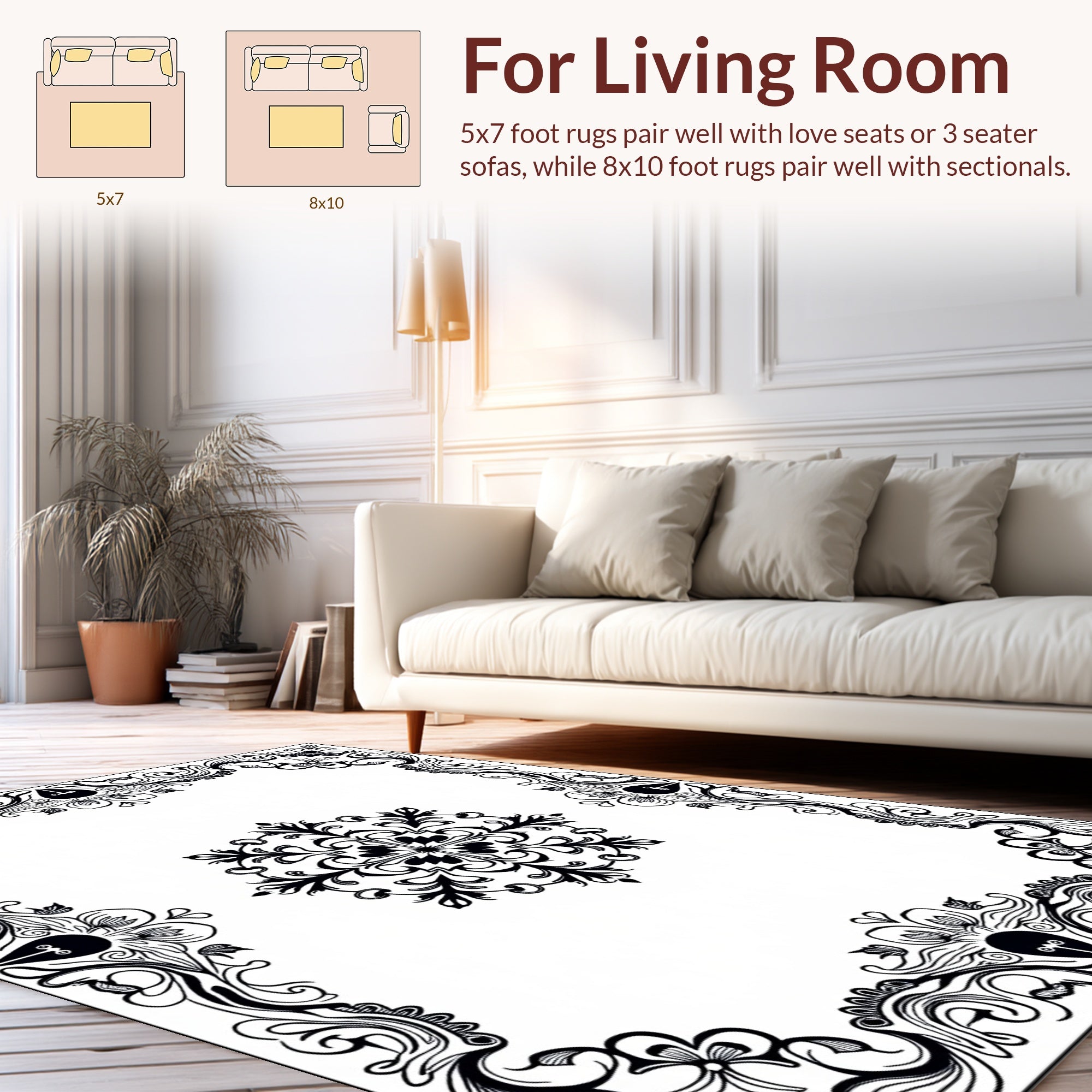 Ornate Black Floral Scrollwork Design Rug