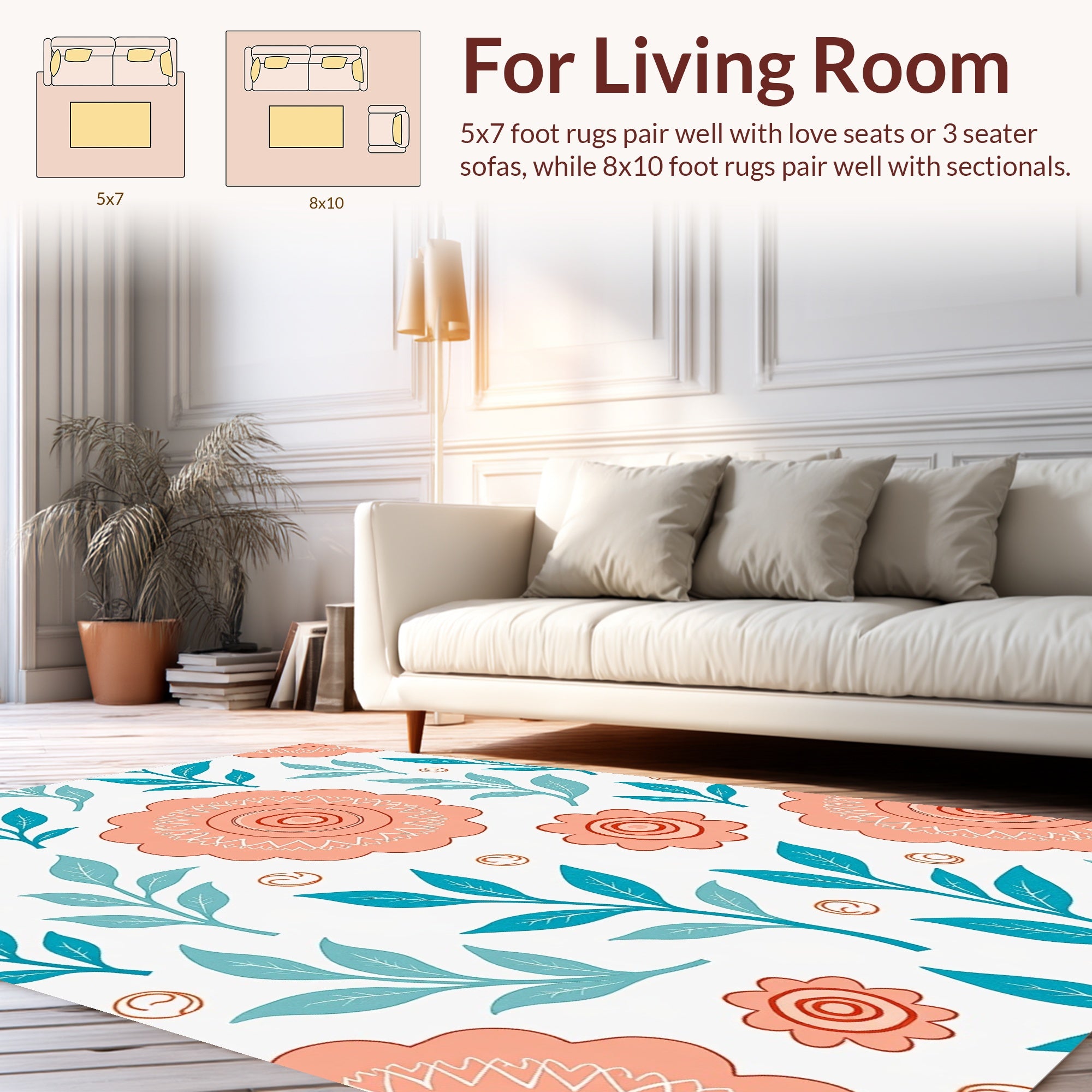 Coral Teal Floral Pattern Abstract Rug