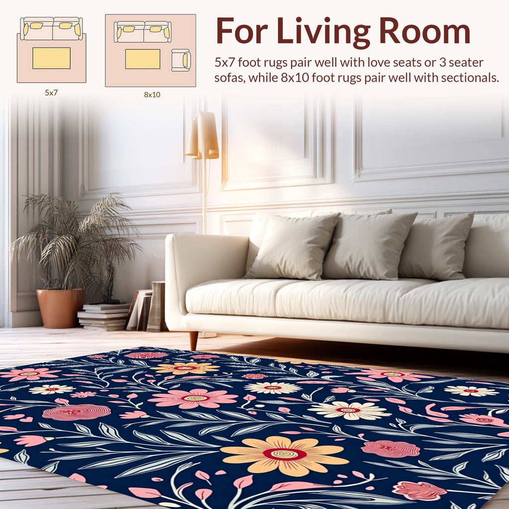Vintage Floral Pattern On Navy Background Rug