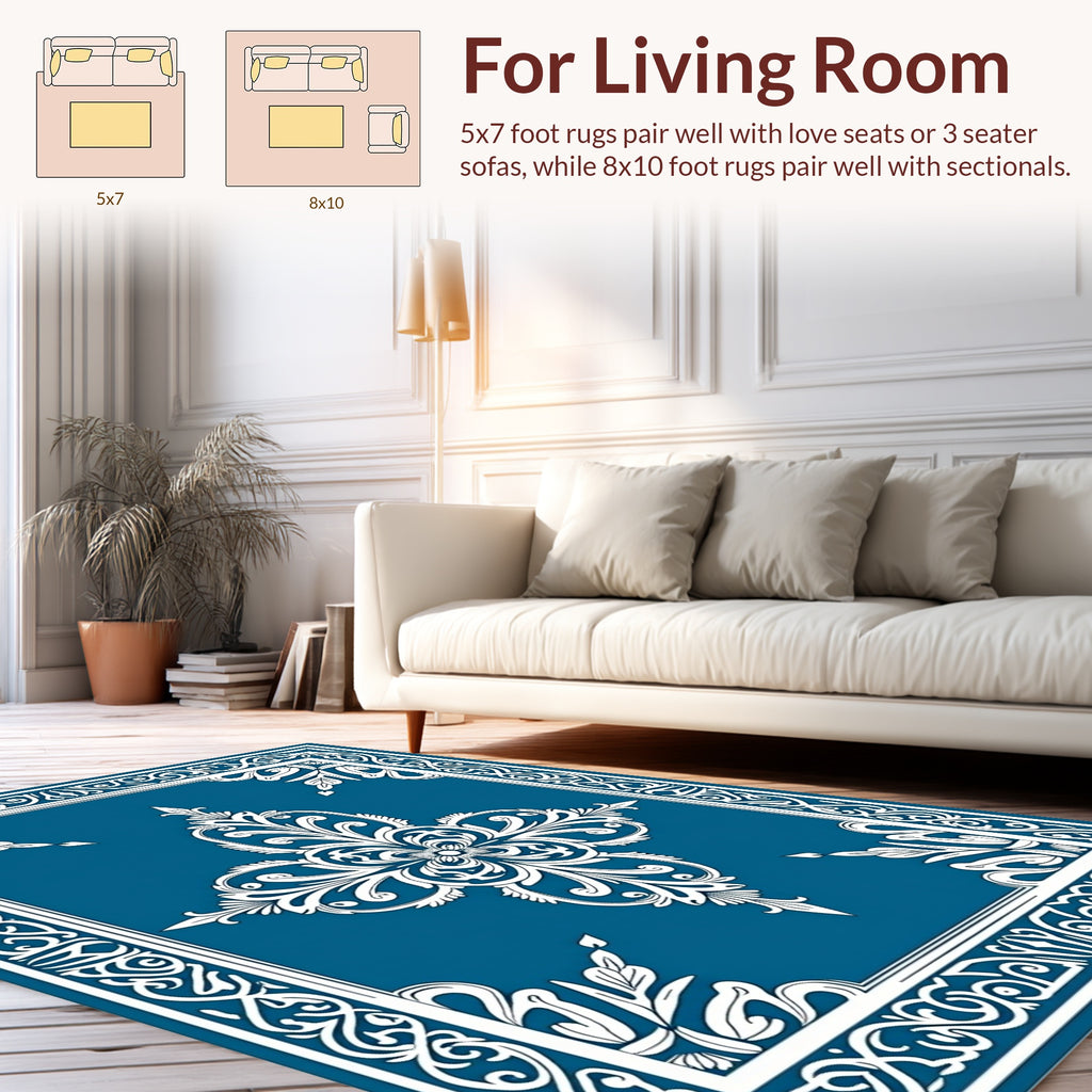 Ornate White Floral Blue Medallion Rug