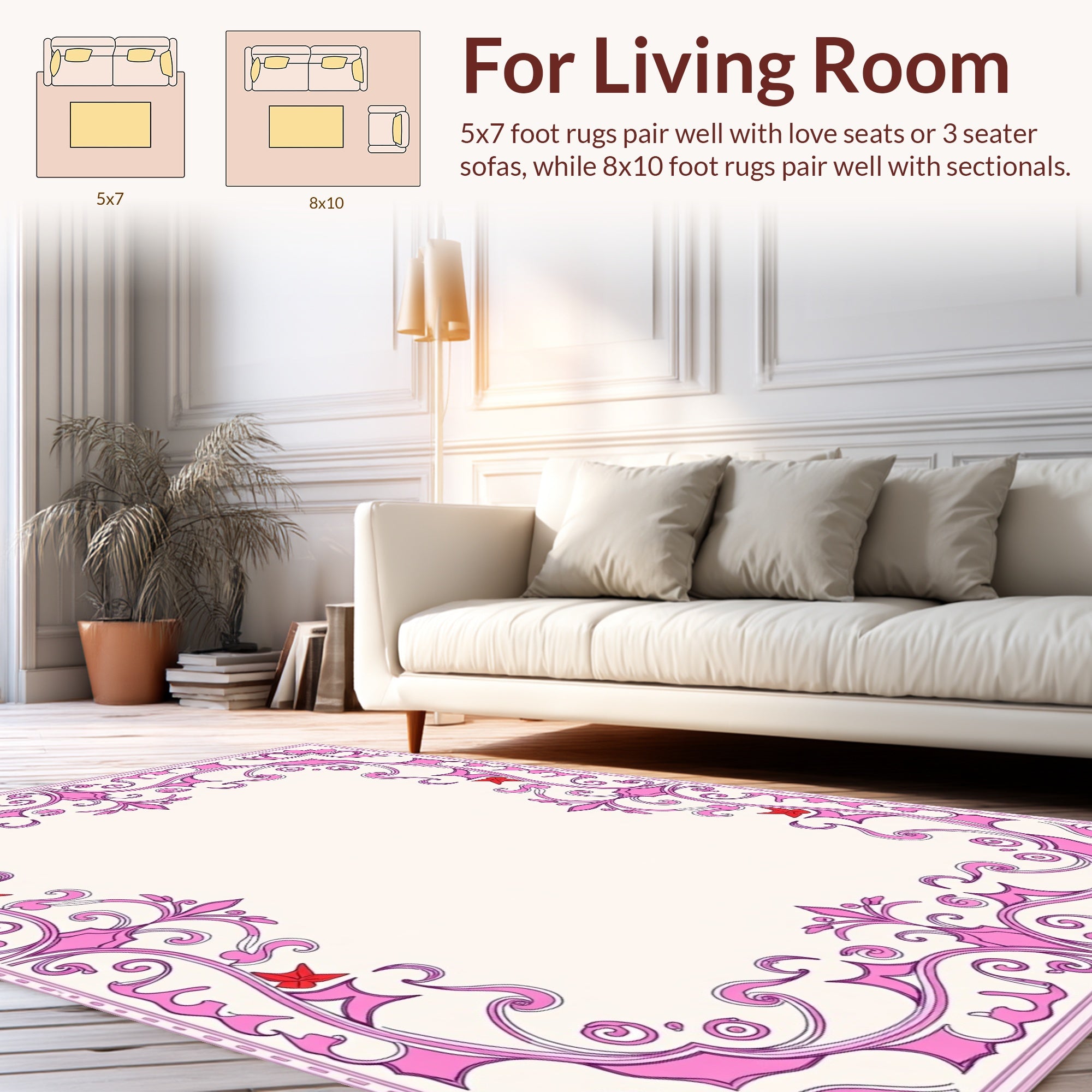 Ornate Pink Floral Scrollwork Design Rug