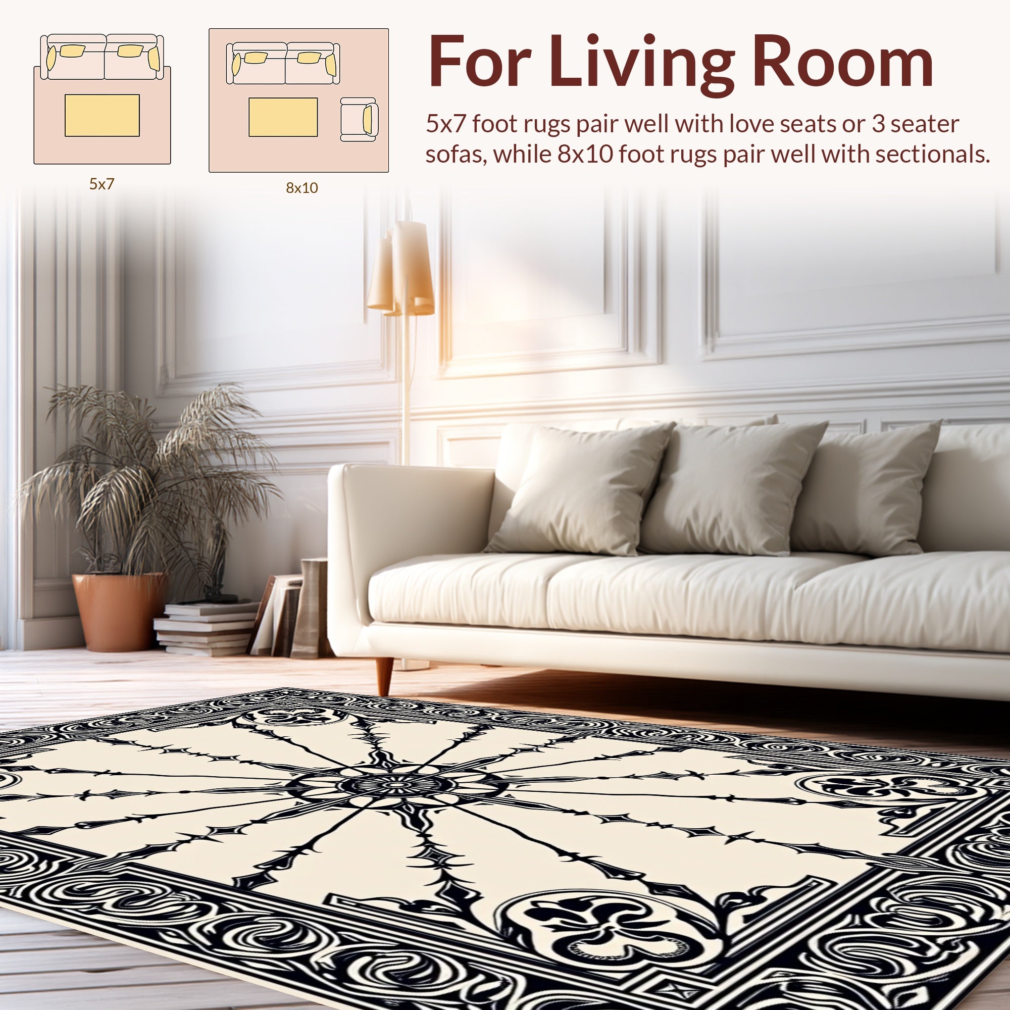 Intricate Black White Sunburst Floral Rug