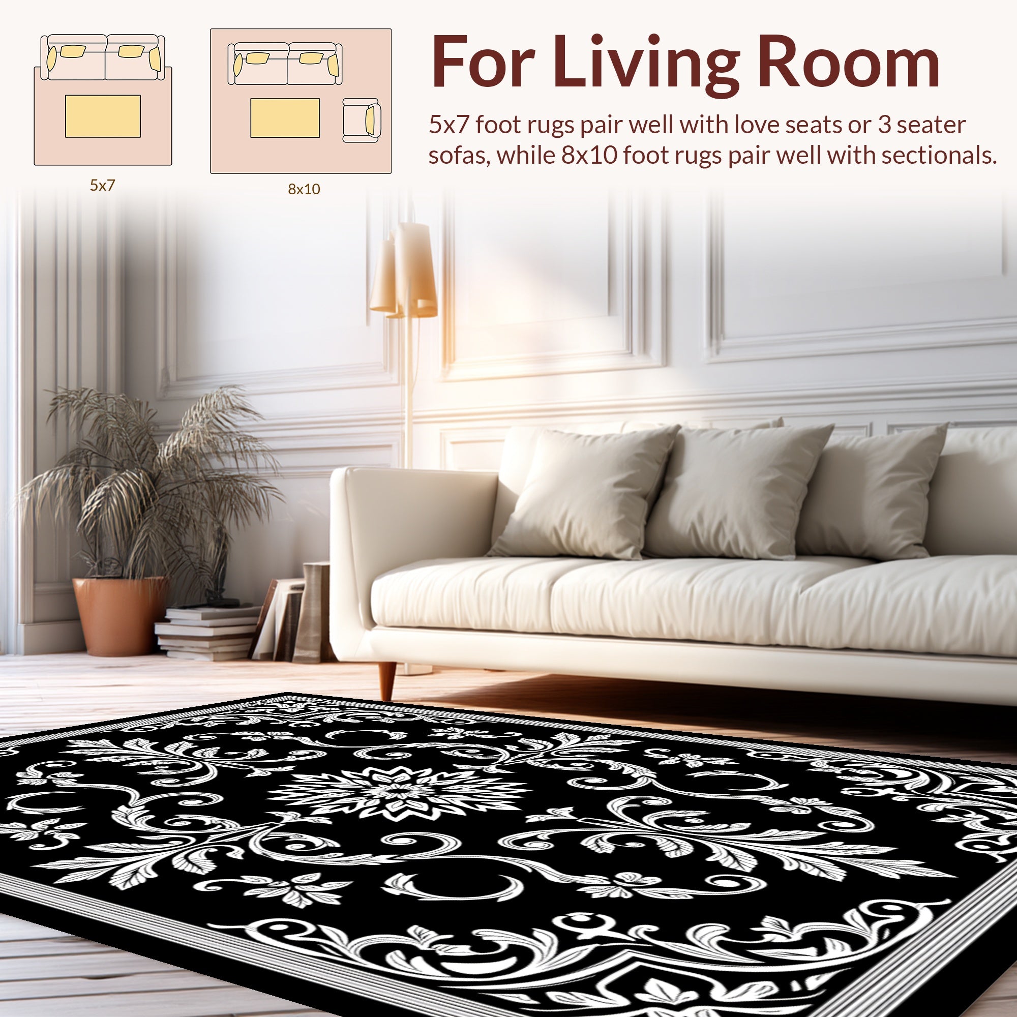 Ornate Black White Floral Scroll Rug