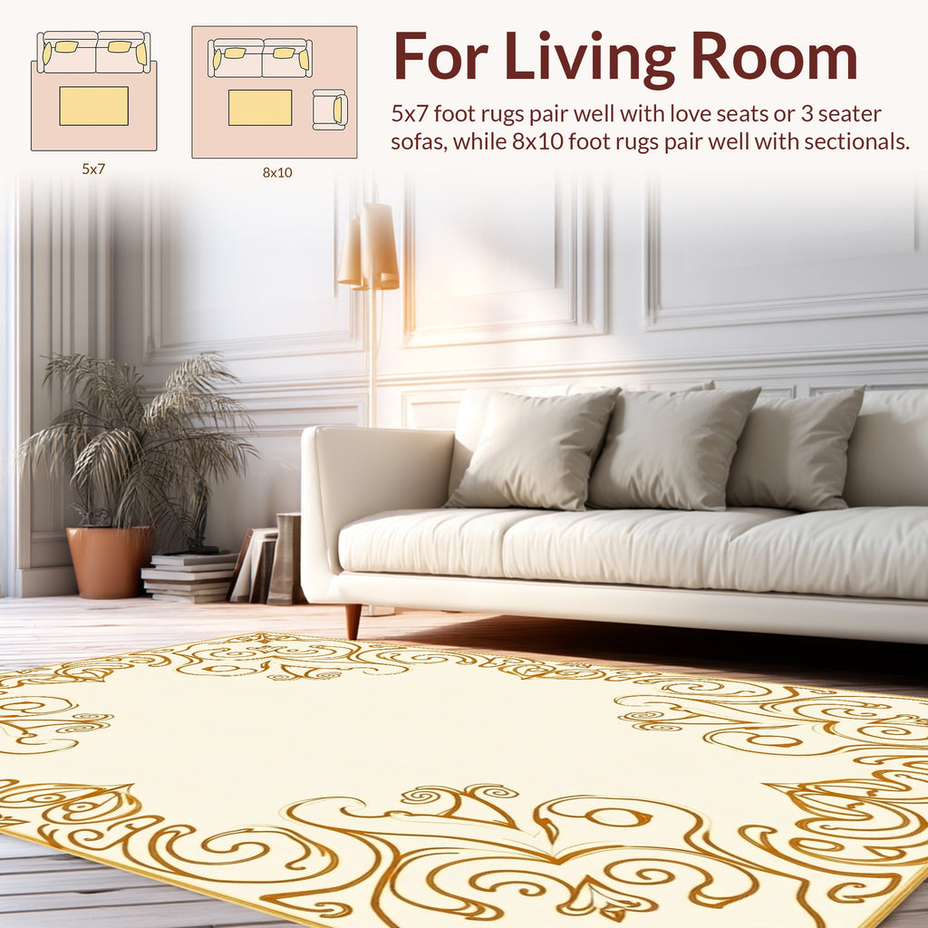 Ornate Golden Swirls Floral Border Rug