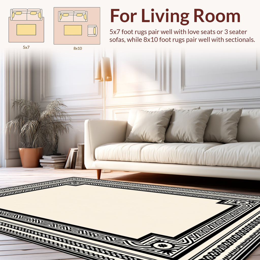 Classic Black White Geometric Border Rug