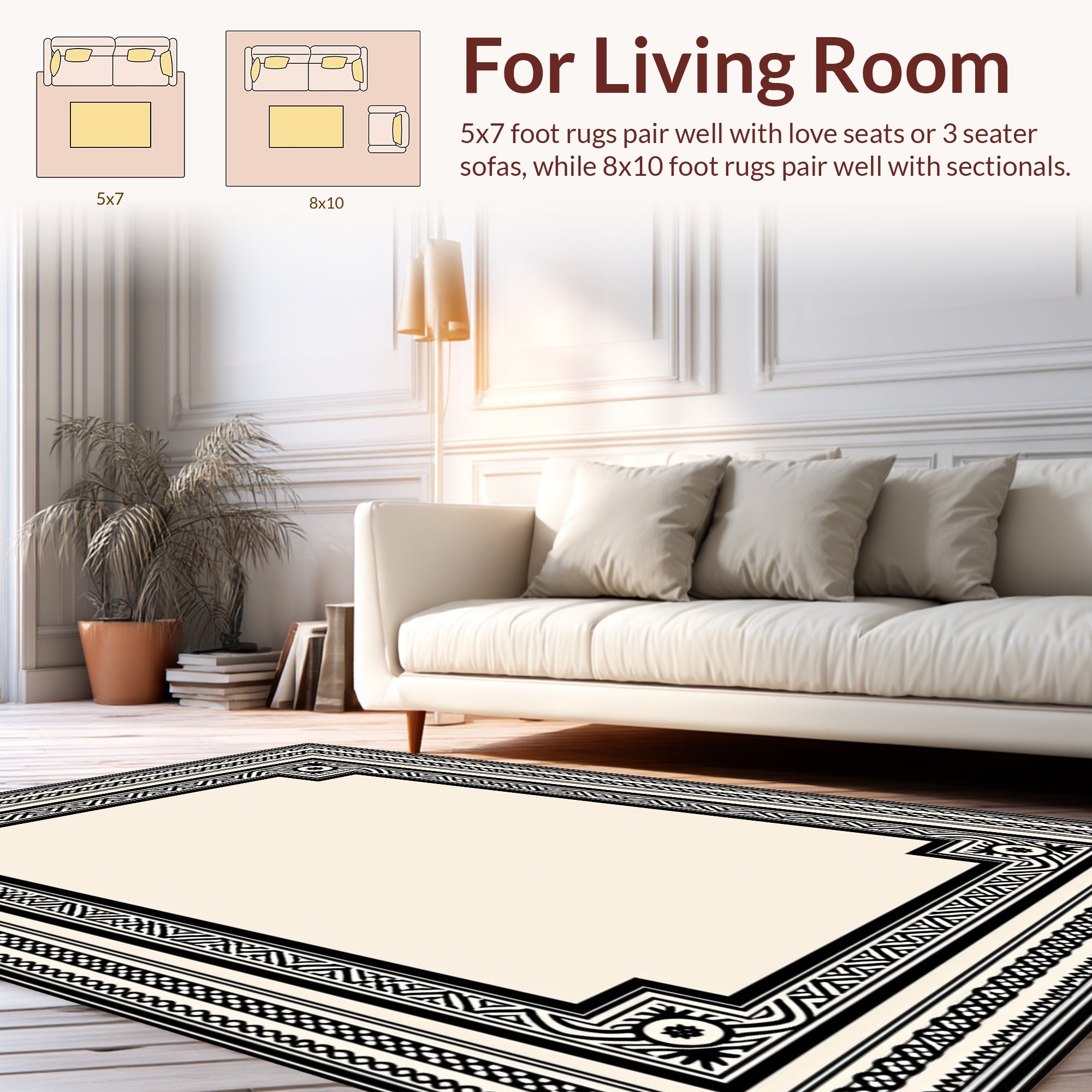 Classic Black White Geometric Border Rug