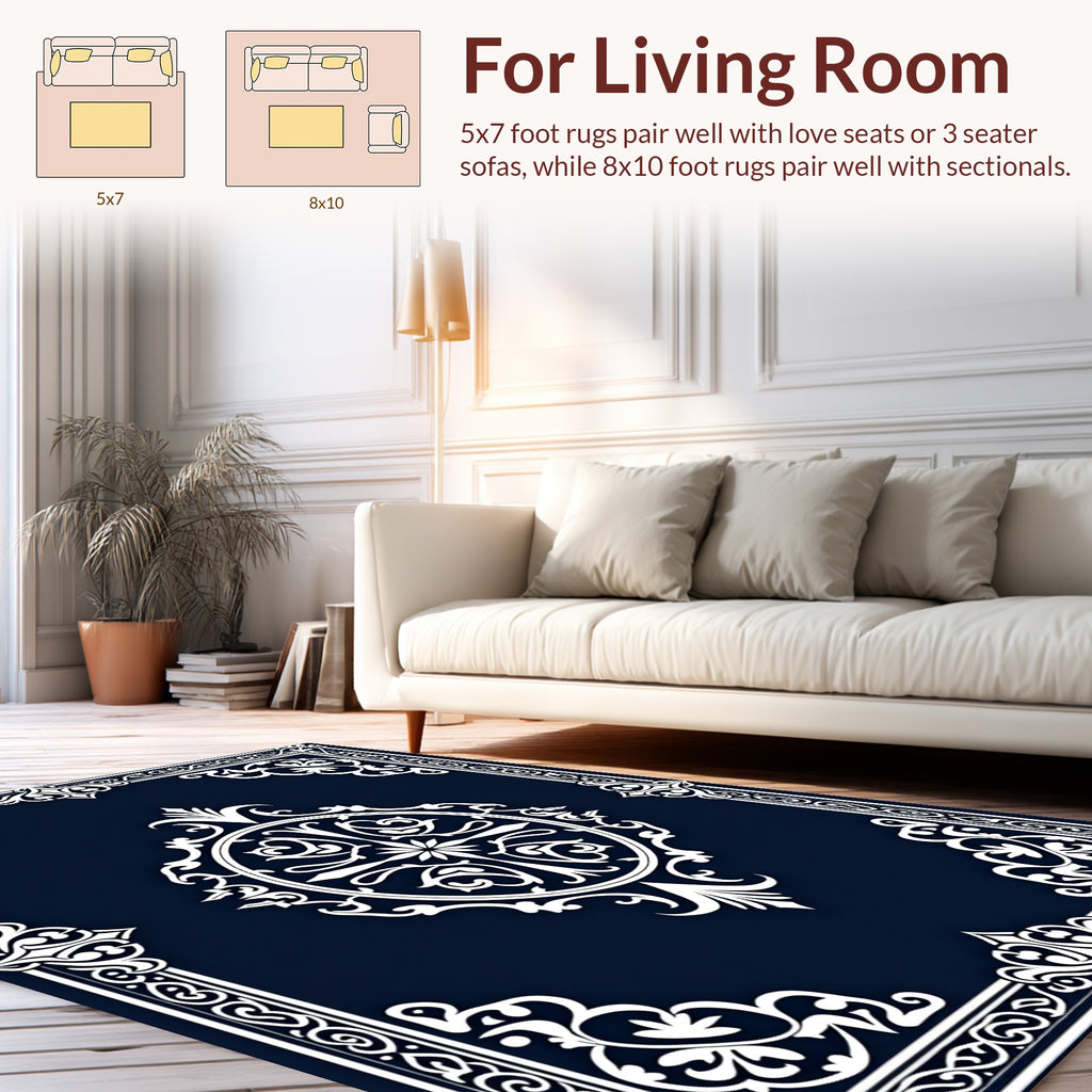 Ornate Floral White Blue Pattern Tile Rug