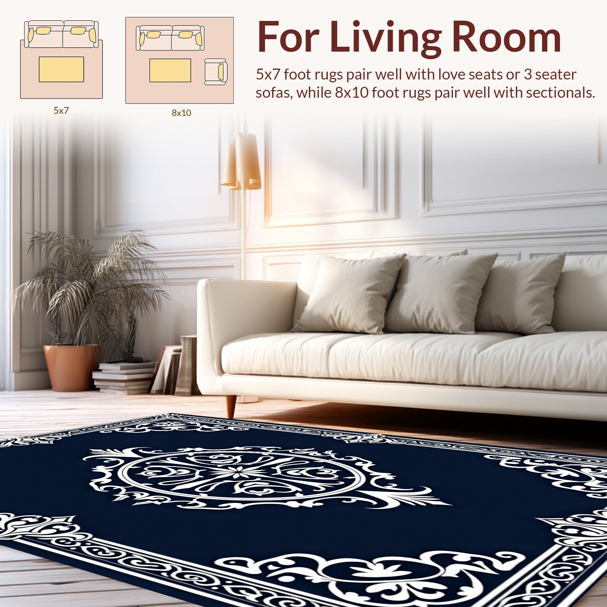 Ornate Floral White Blue Pattern Tile Rug