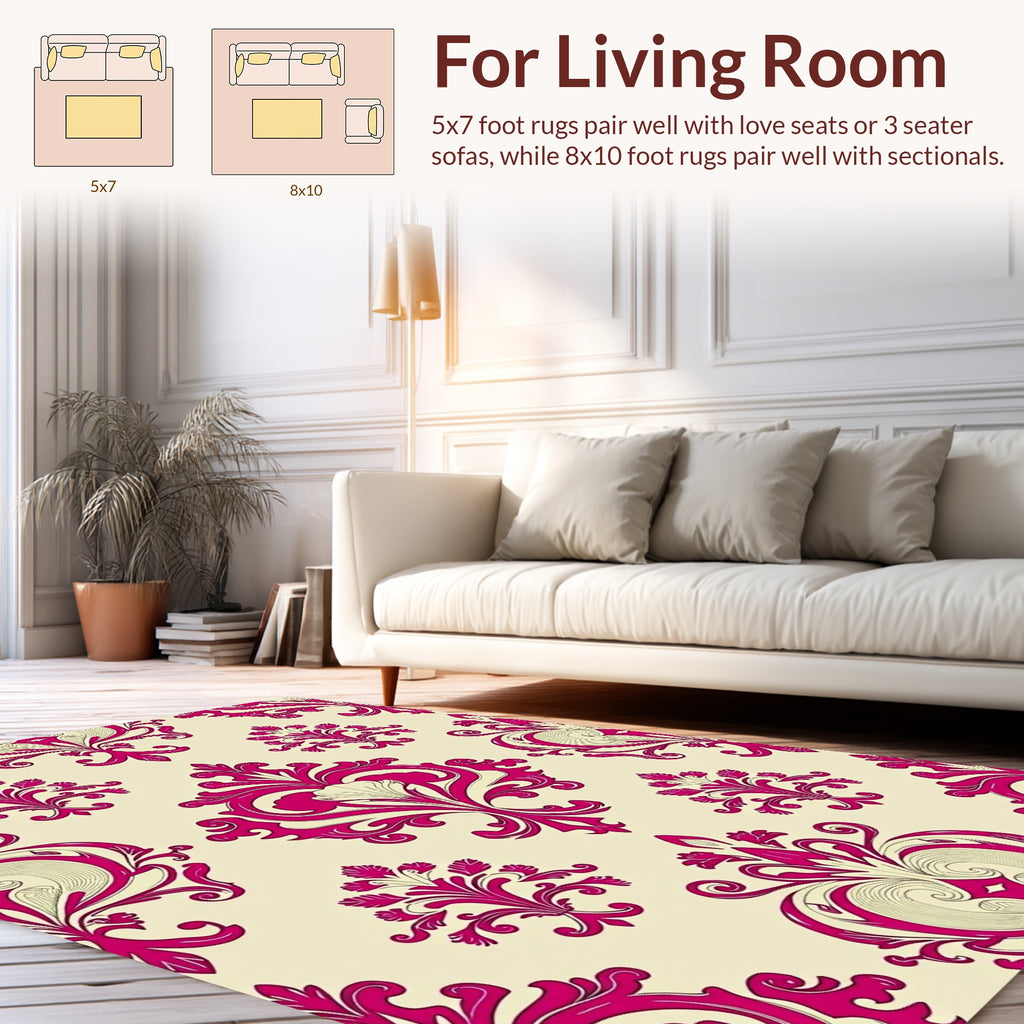 Ornate Magenta Damask Patterned Rug