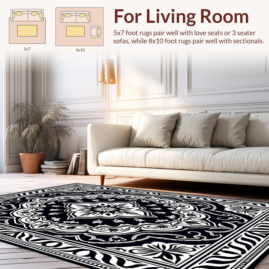 Elegant Black and White Floral Mandala Rug