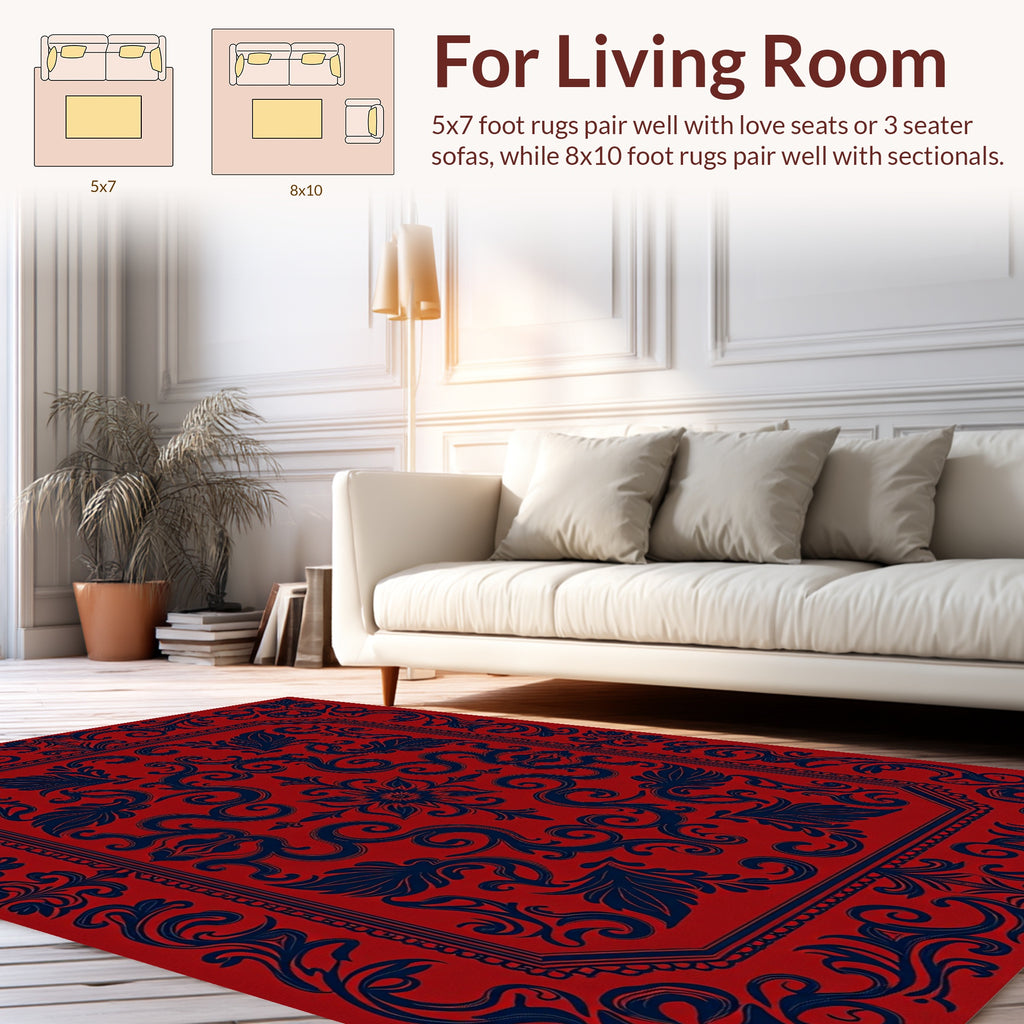 Classic Red Navy Floral Scroll Rug