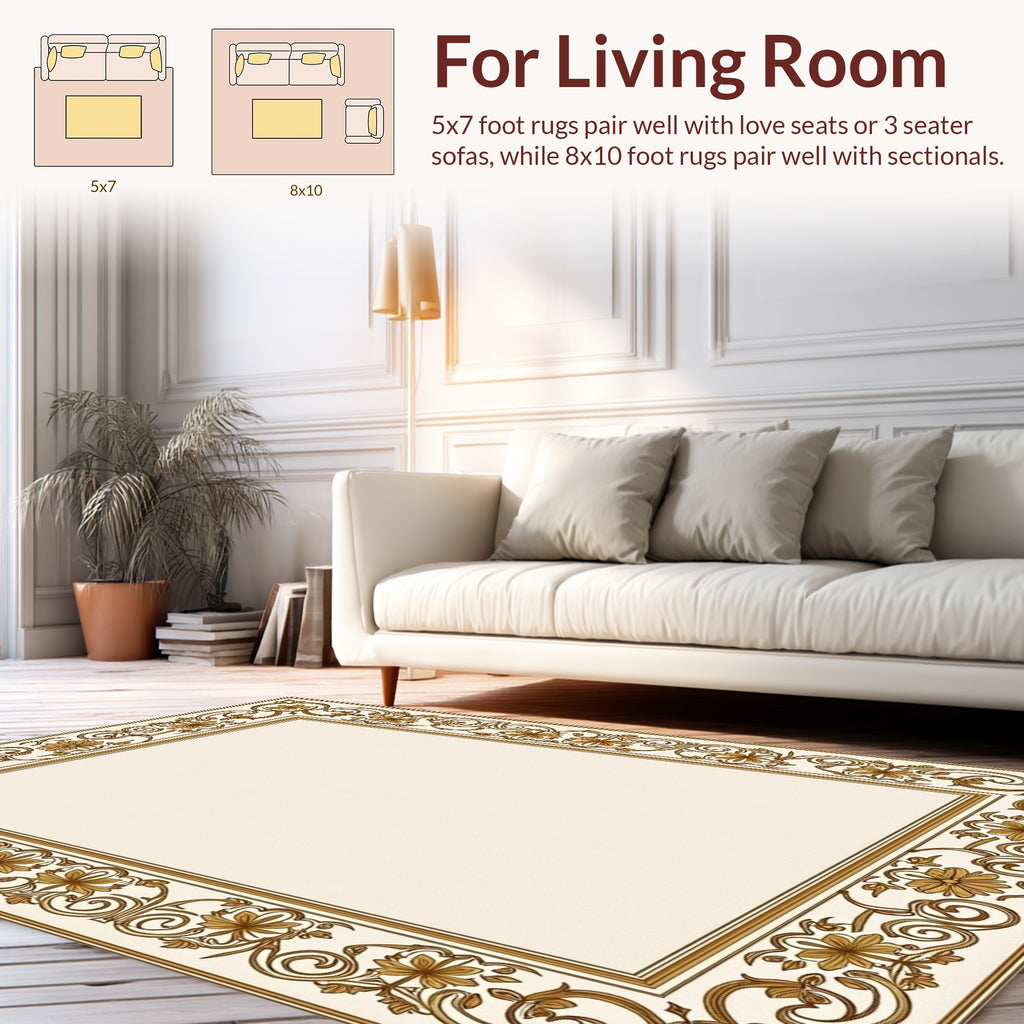 Gold Floral Swirl Border Design Rug