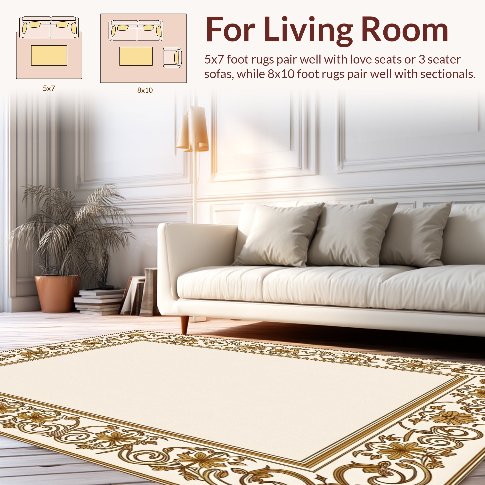 Gold Floral Swirl Border Design Rug
