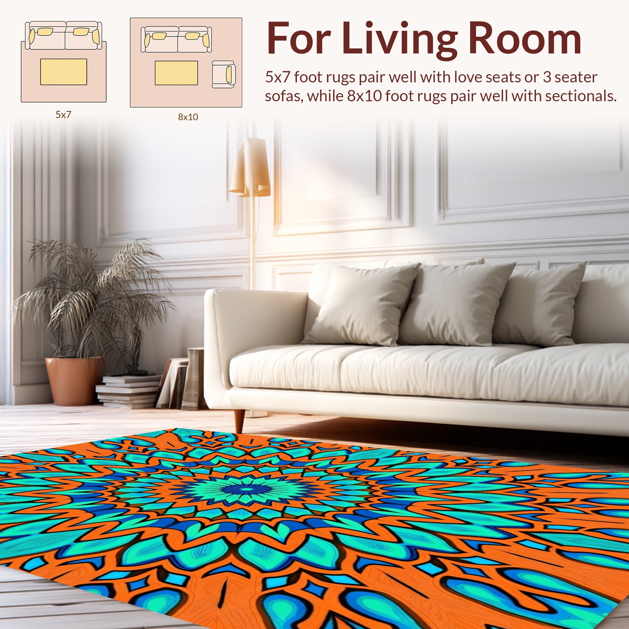 Vibrant Orange Teal Mandala Design Rug