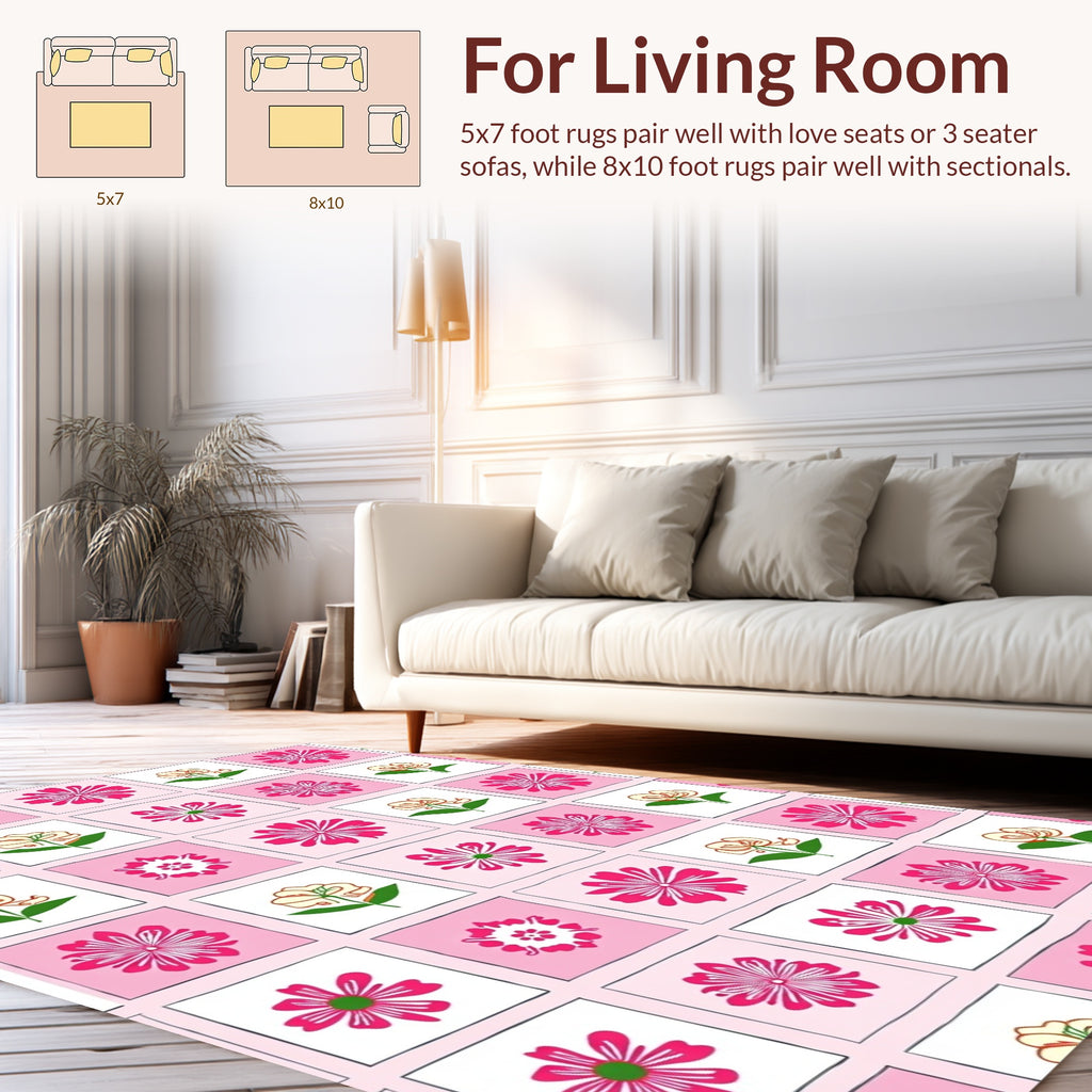 Charming Pink Floral Grid Design Rug
