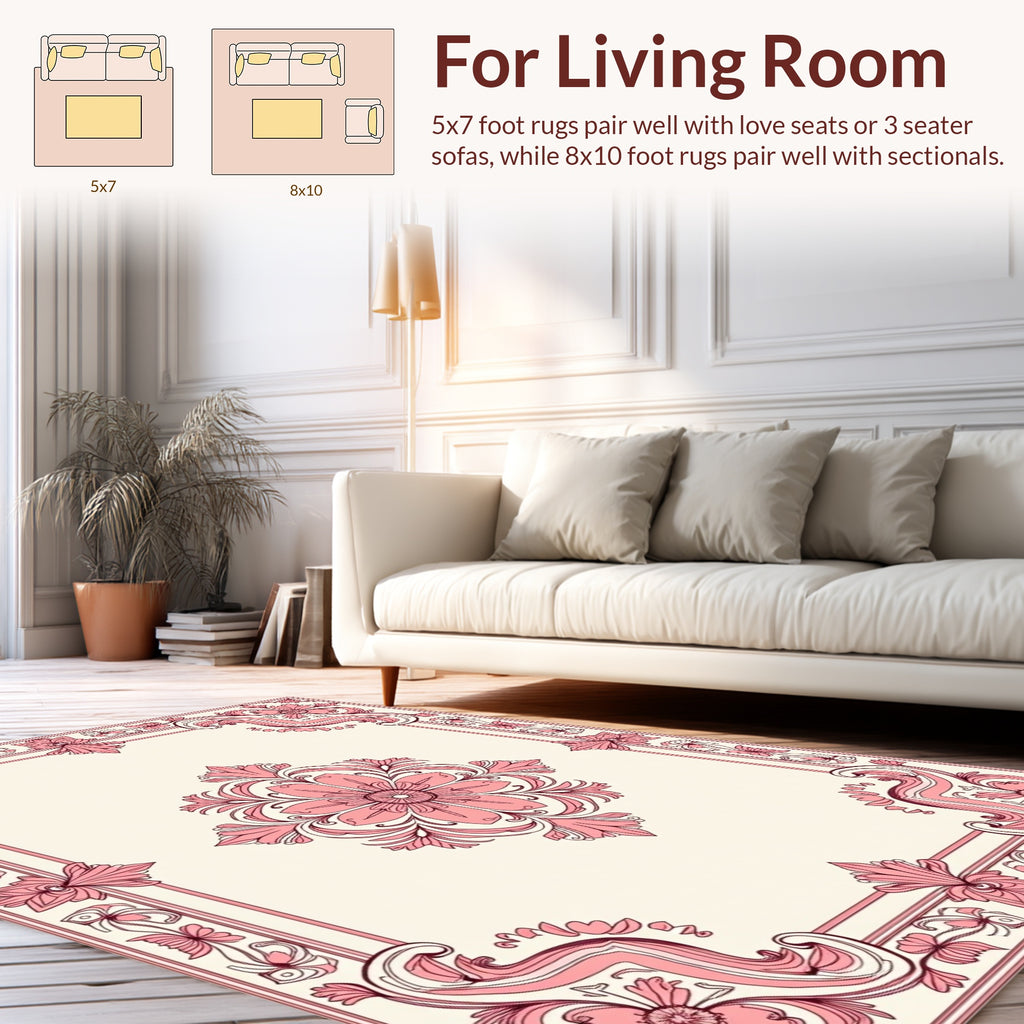 Ornate Floral Swirls Pink Ivory Design Rug