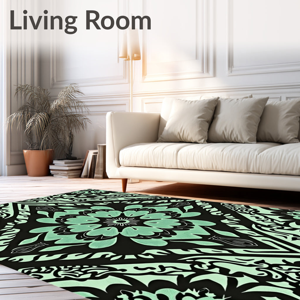 Seafoam Black Floral Diamond Mandala Rug