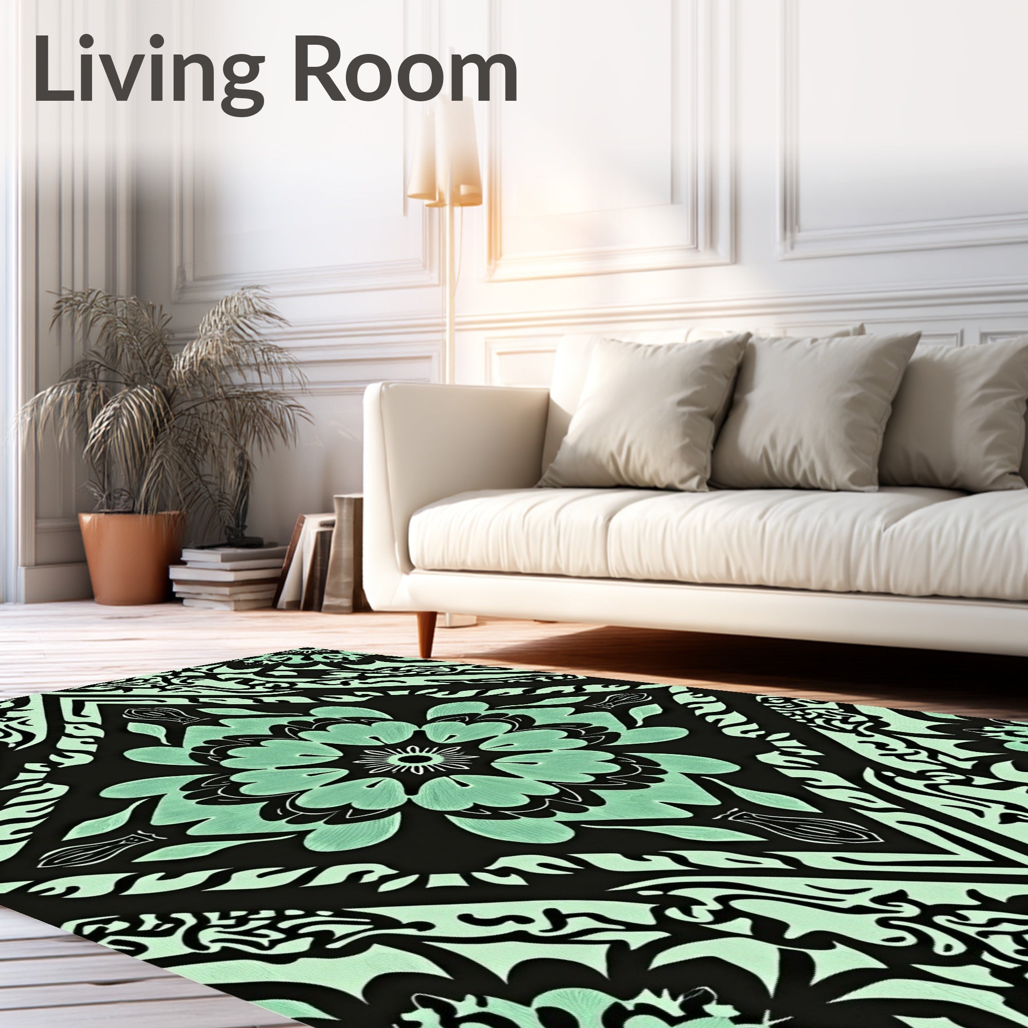 Seafoam Black Floral Diamond Mandala Rug