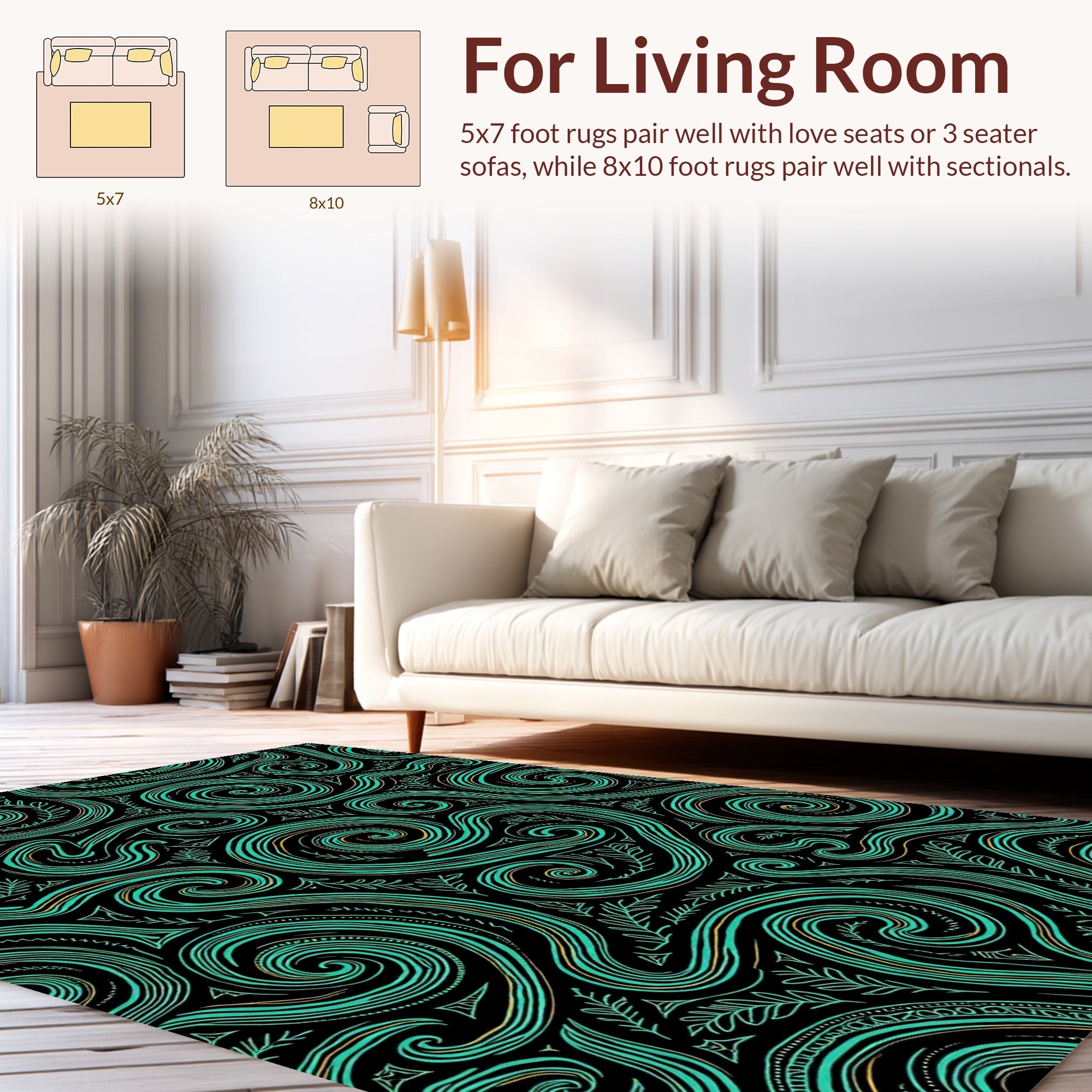 Teal Swirls Leafy Vines Design Rug
