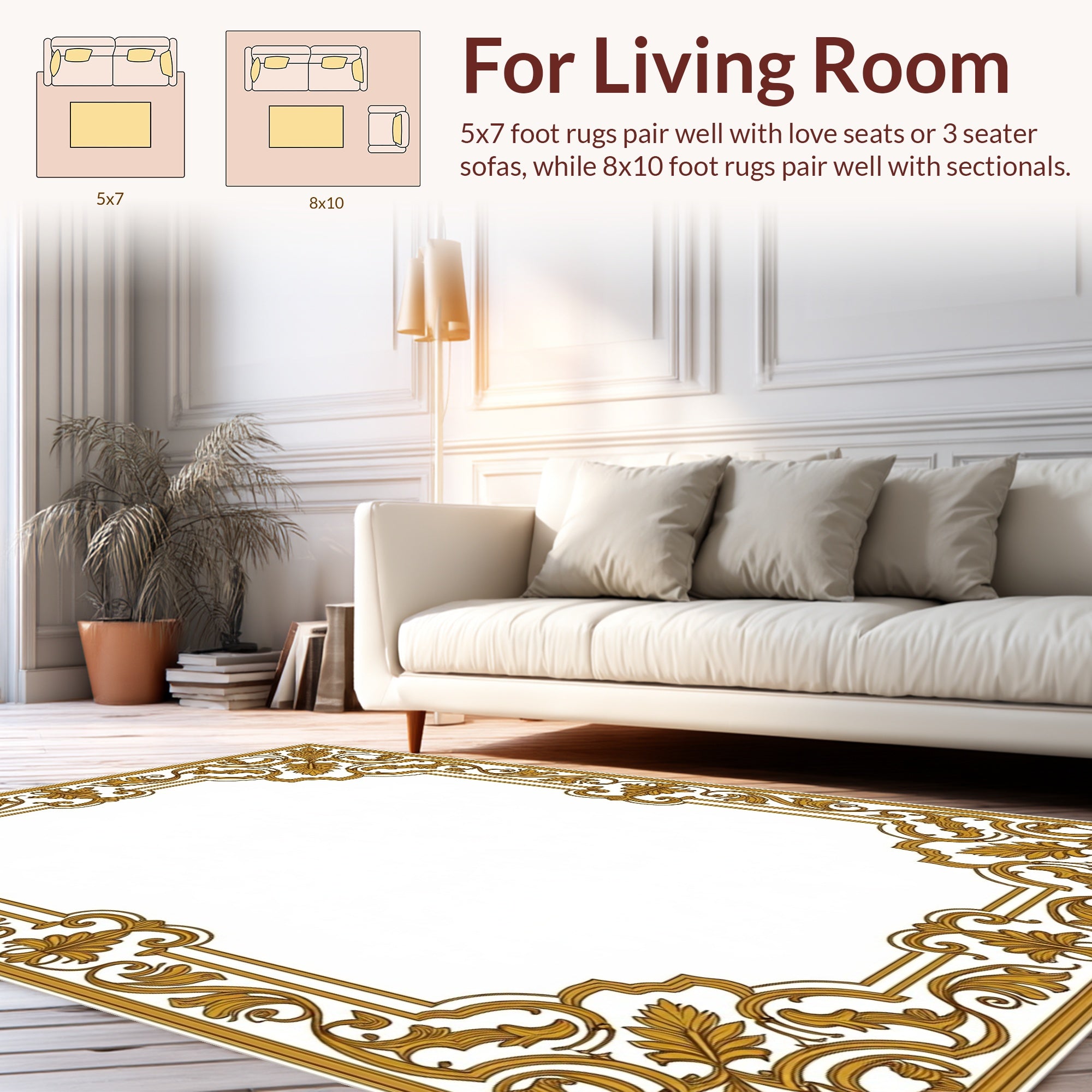 Ornate Golden Leaf Scrollwork Design Rug