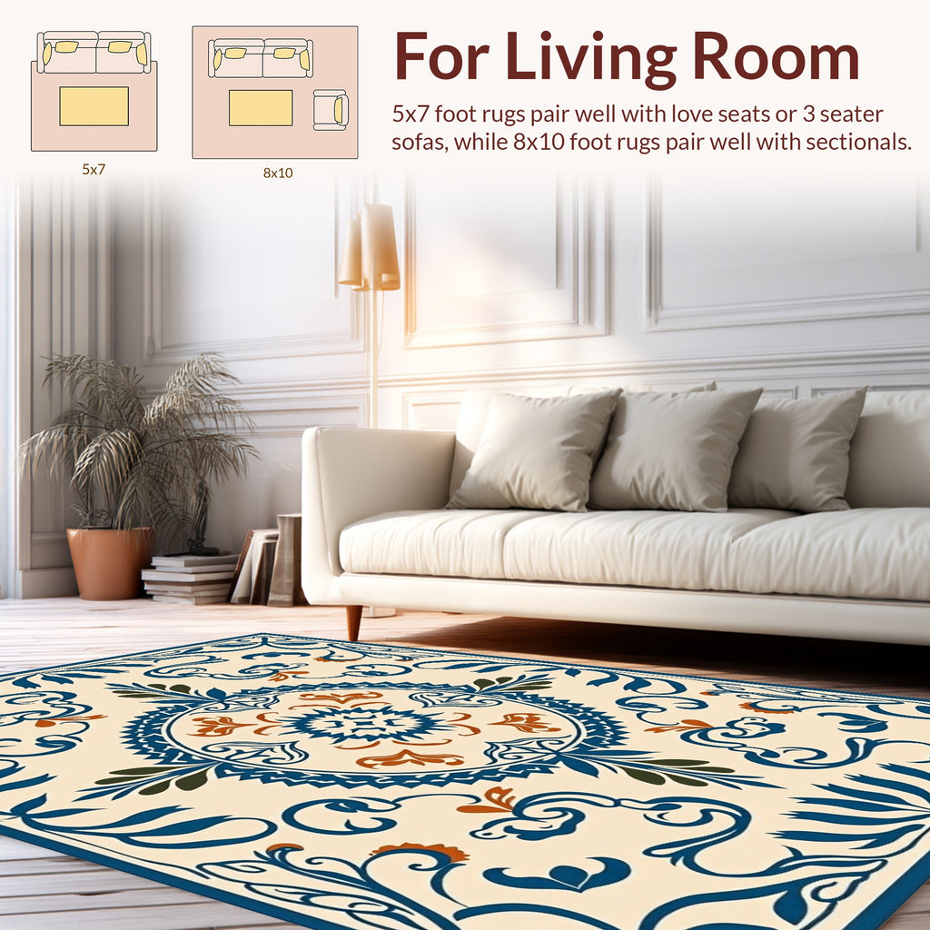 Ornate Blue and Orange Floral Medallion Rug