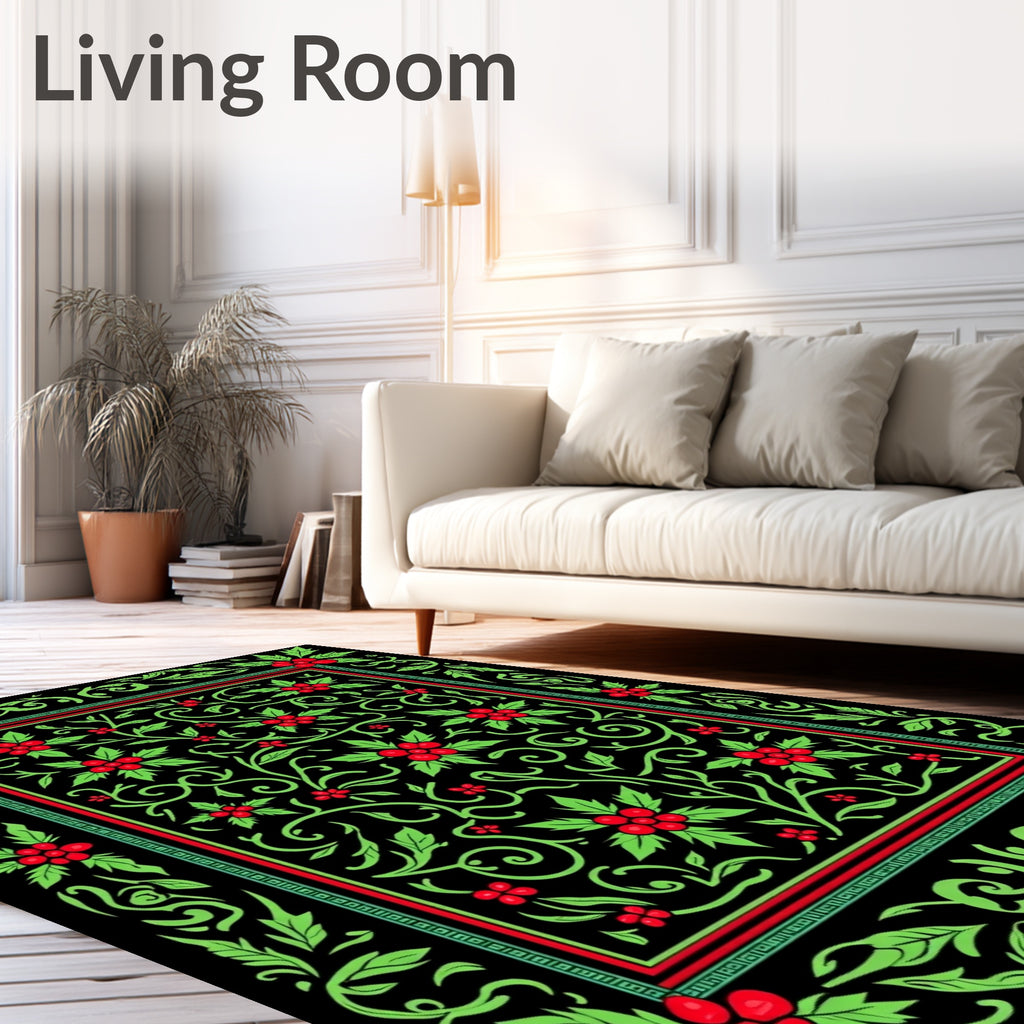 Crimson Berries Green Holly Scrollwork Rug
