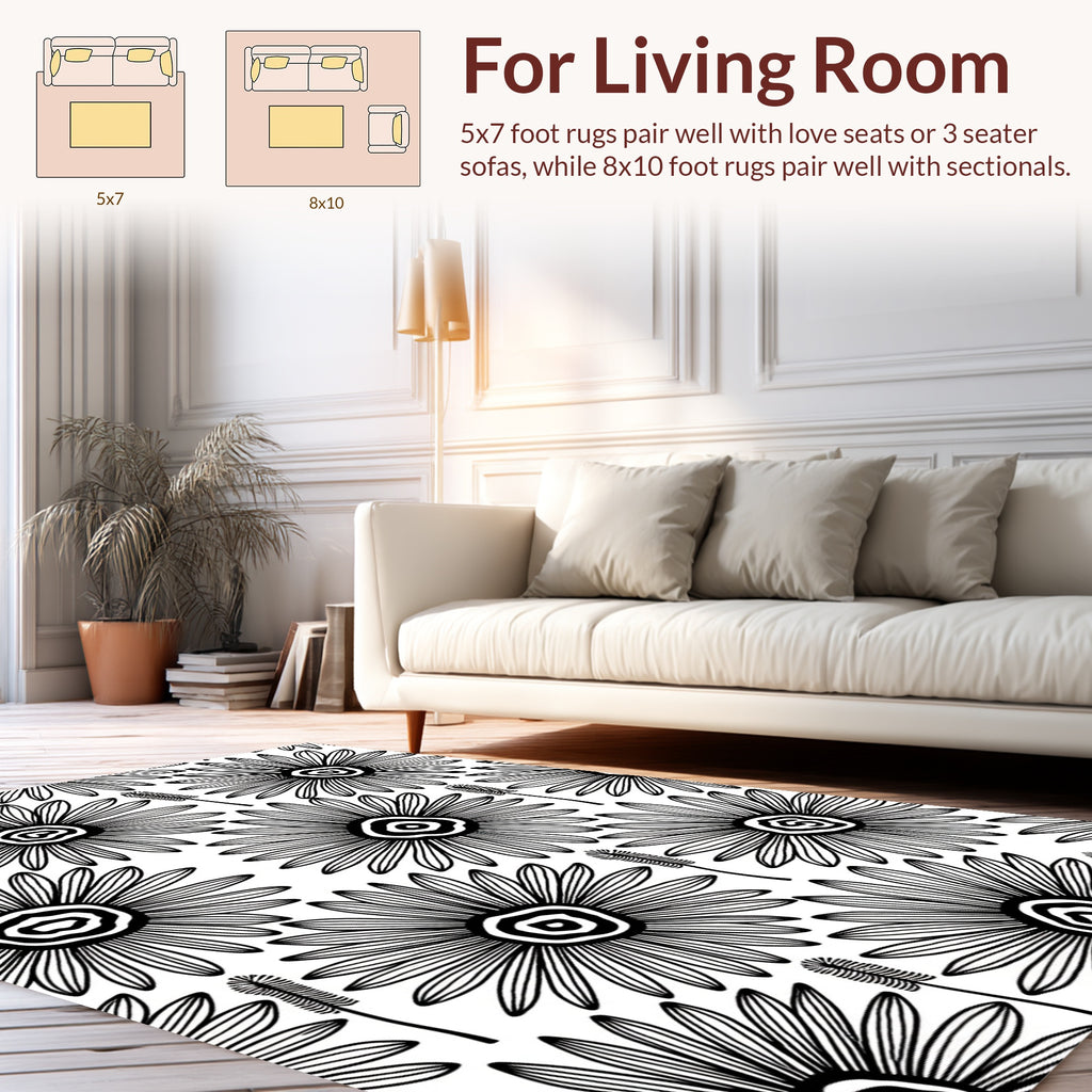 Daisy Patterned Graphic Line Art Rug