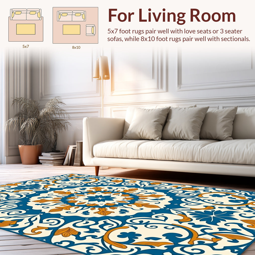 Blue Orange Floral Medallion Rug