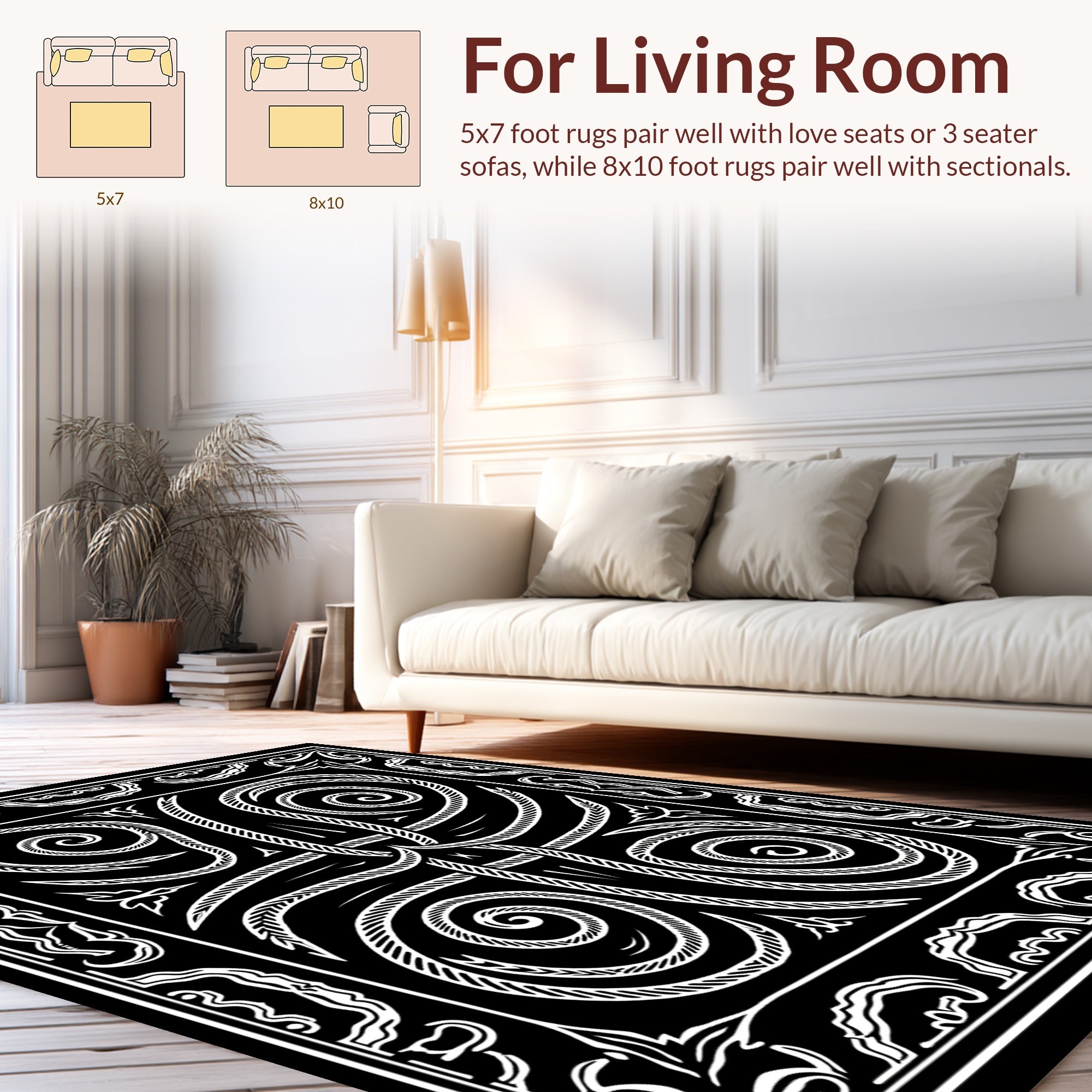 Ornate Black and White Scrollwork Design Rug