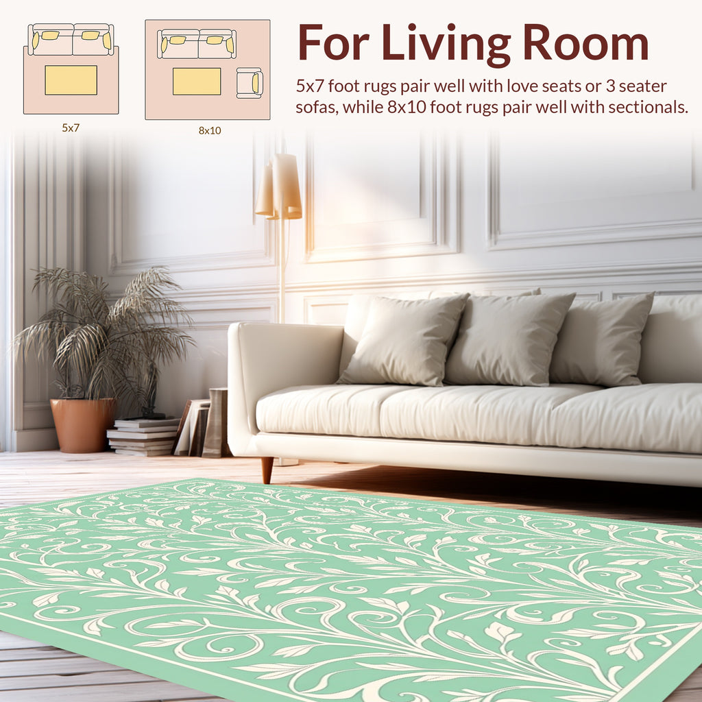 Mint Green Floral Scrollwork Pattern Rug