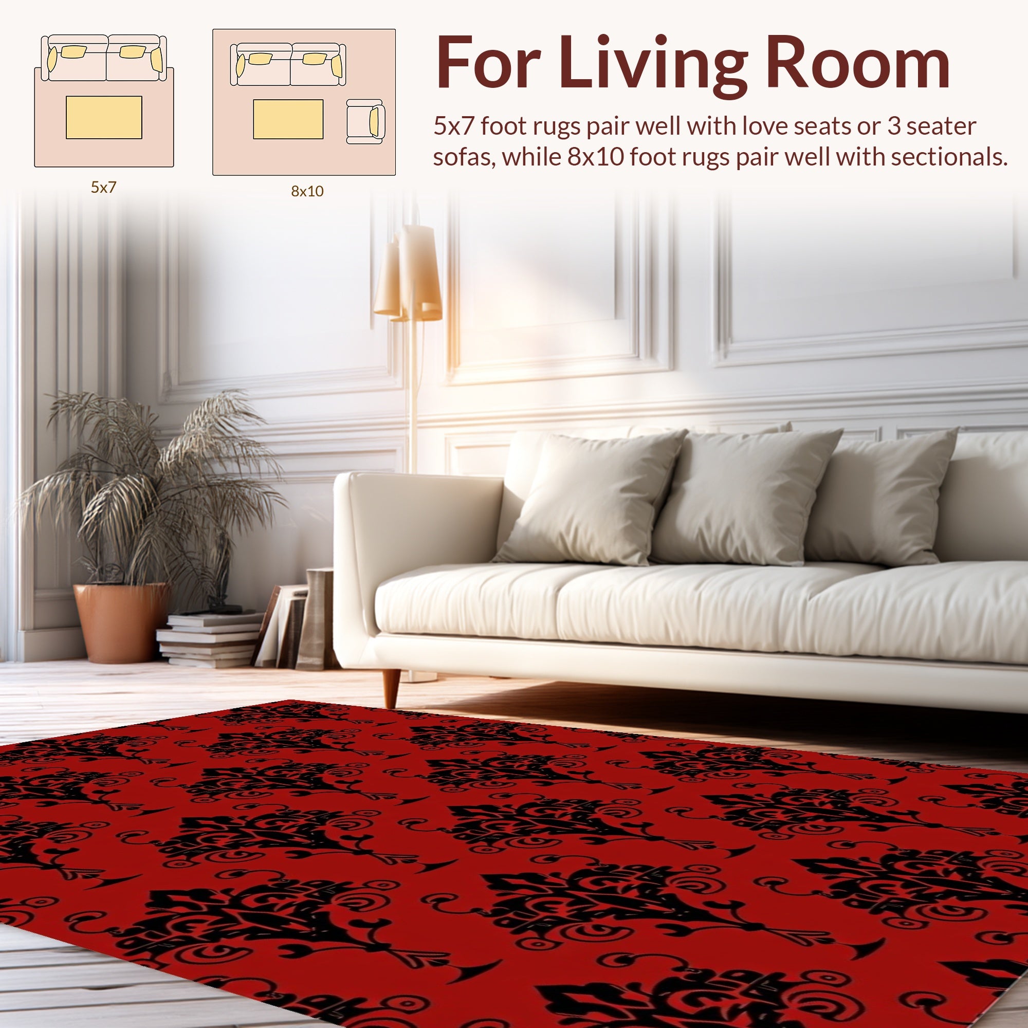 Classic Black Red Damask Pattern Rug
