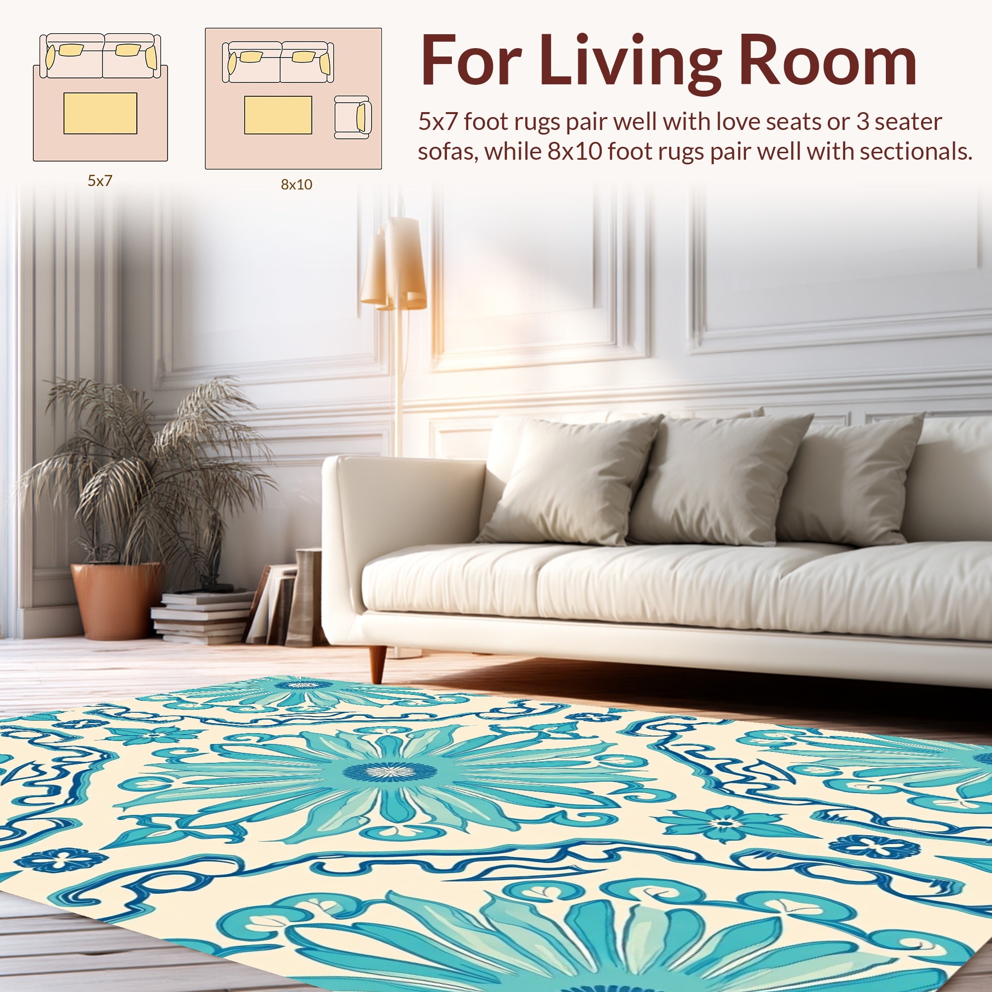 Teal Floral Detailed Decorative Rug