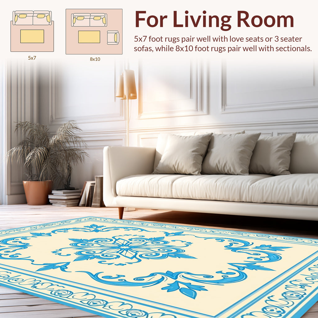 Elegant Blue Floral Medallion Border Design Rug