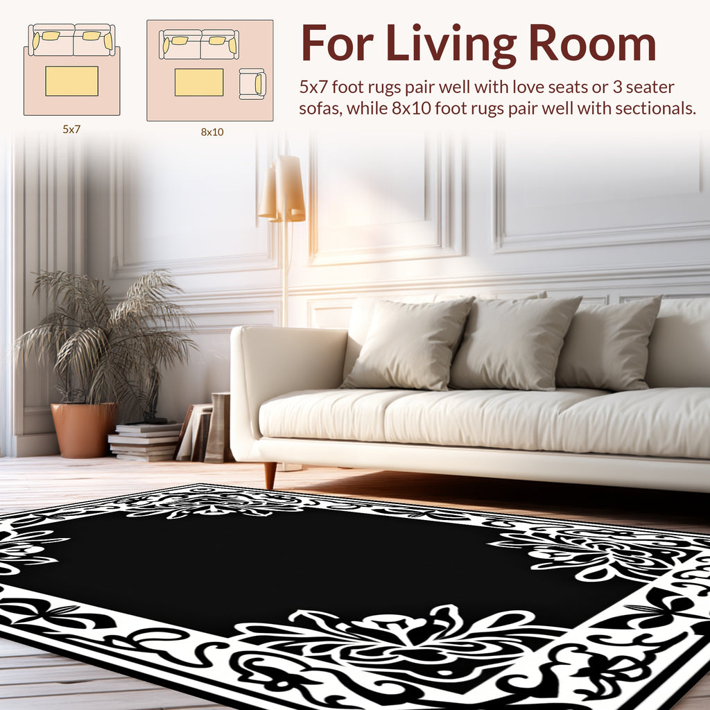 Black White Floral Border Design Rug