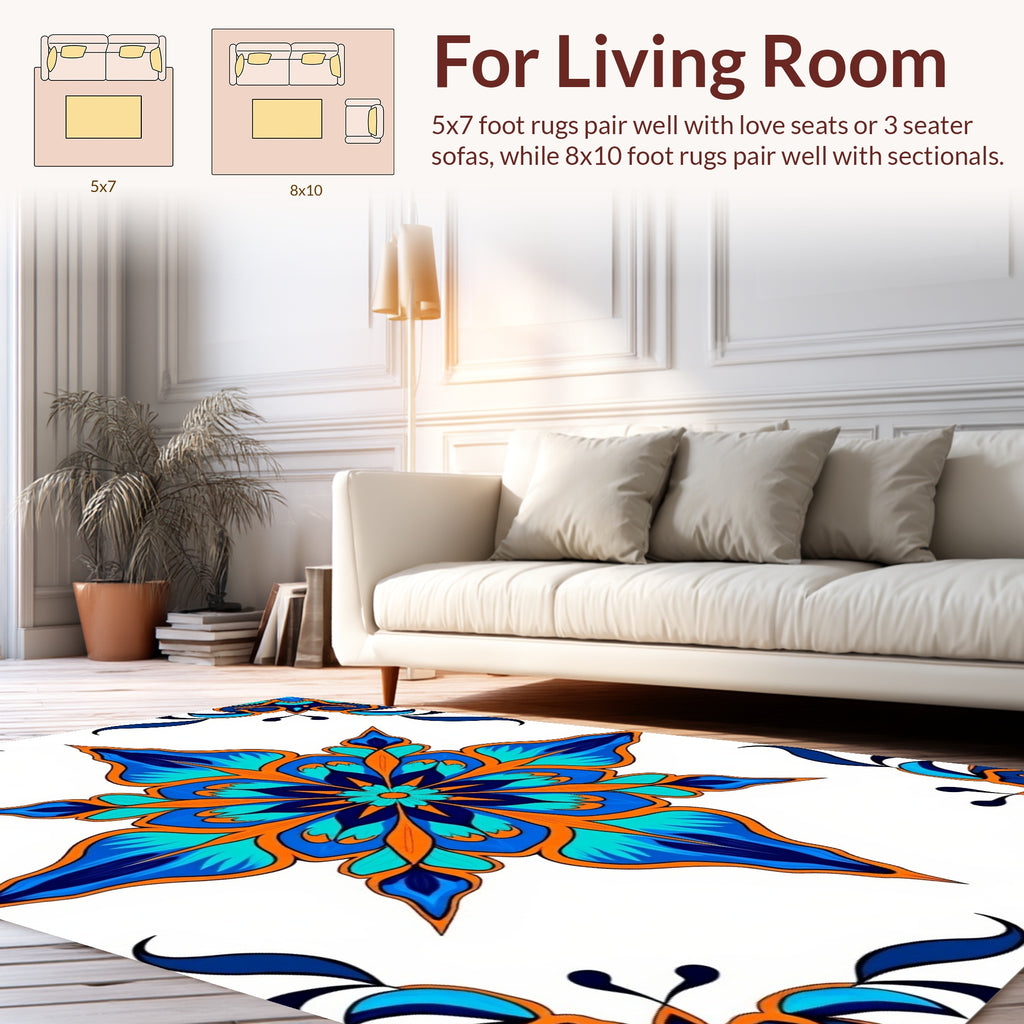 Ornate Blue Orange Floral Medallion Rug