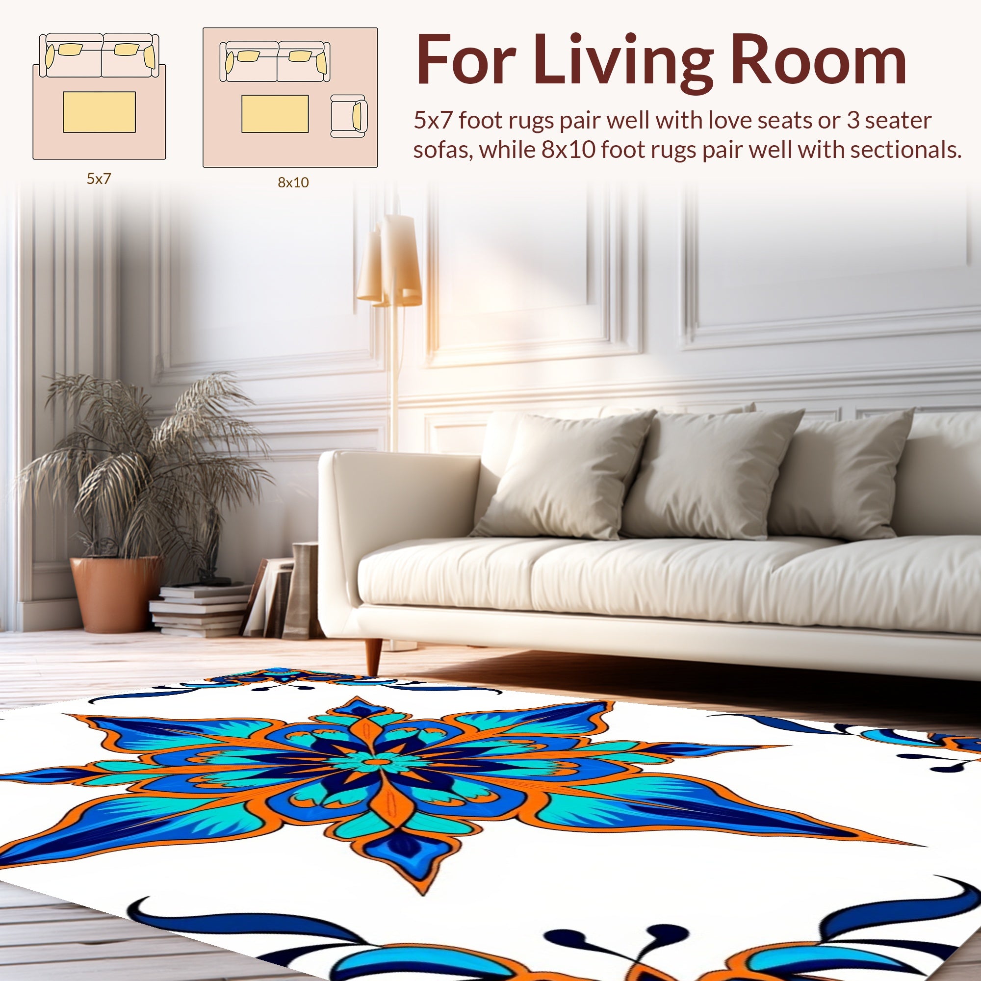 Ornate Blue Orange Floral Medallion Rug