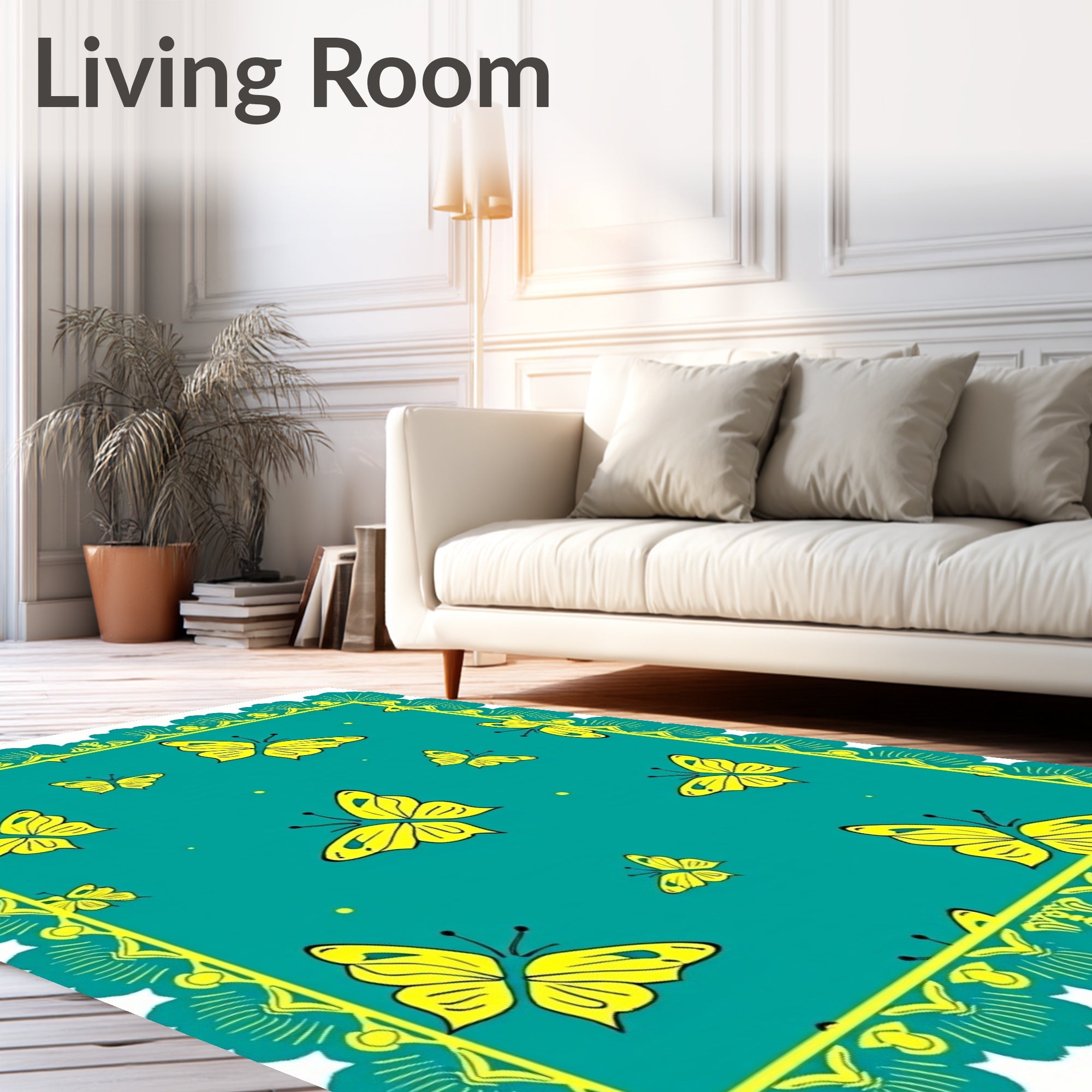 Vibrant Yellow Butterflies Teal Border Rug