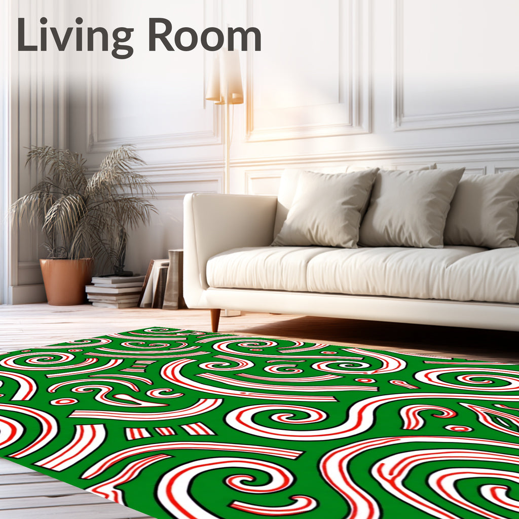 Green White Red Swirling Cursive Abstract Rug