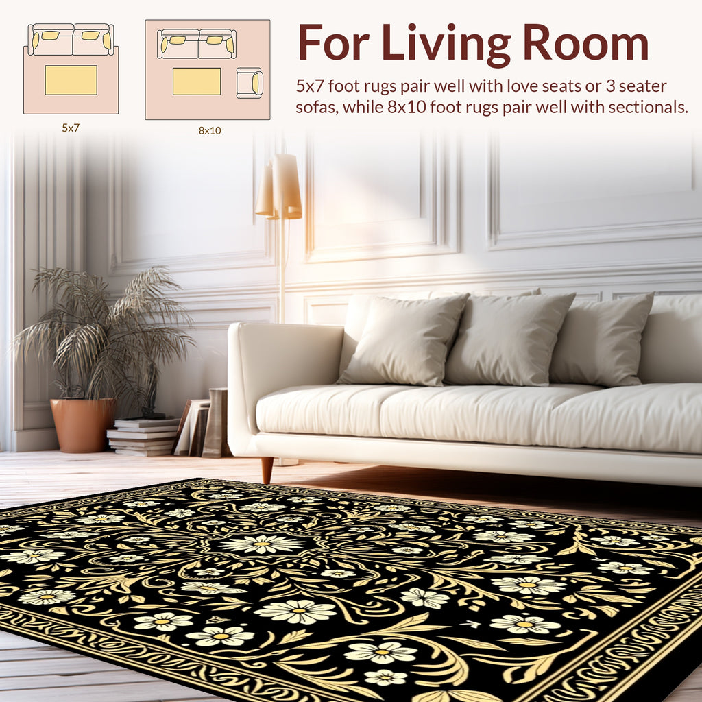 Vintage Floral Motif Black Gold Rug