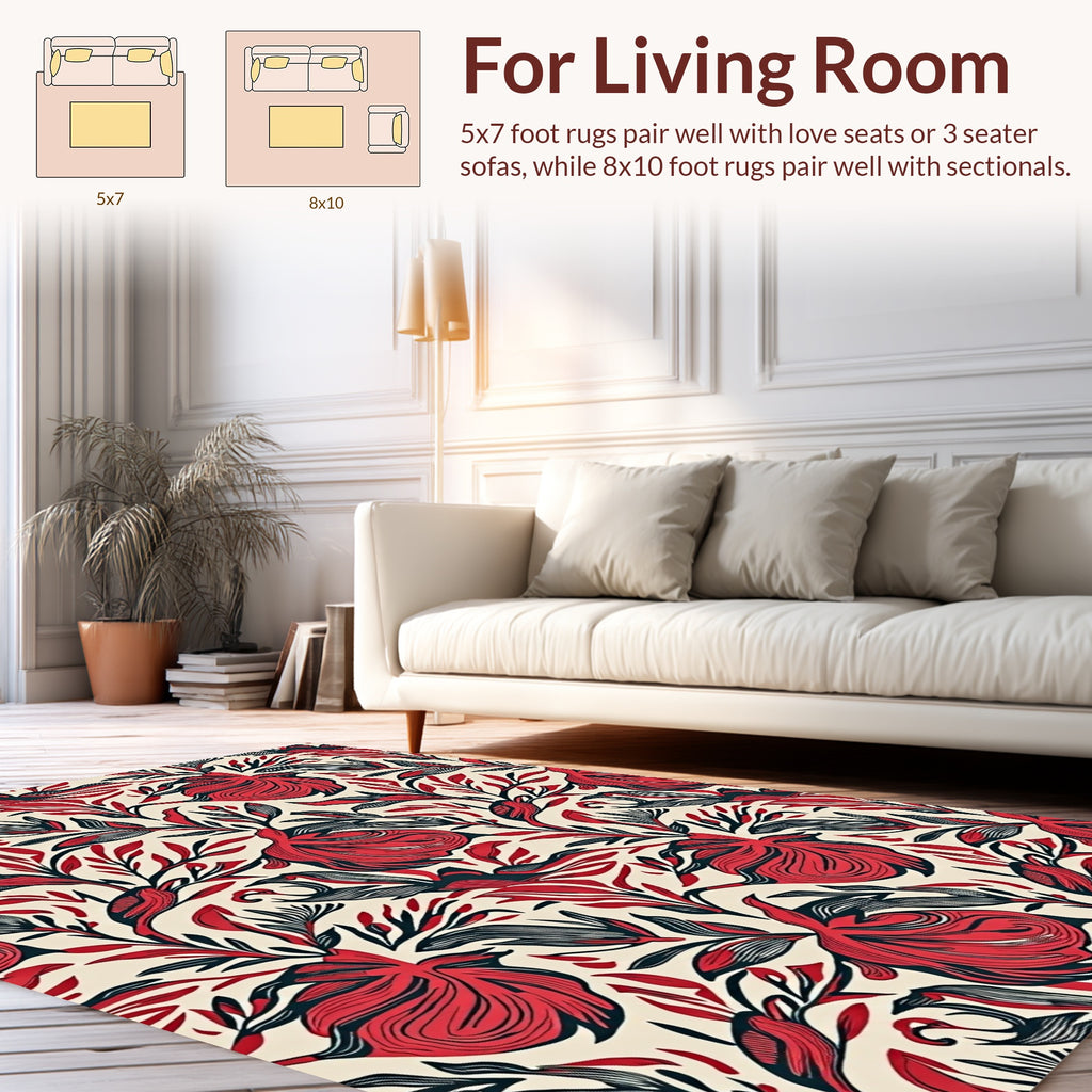 Bold Red Black Floral Pattern Rug