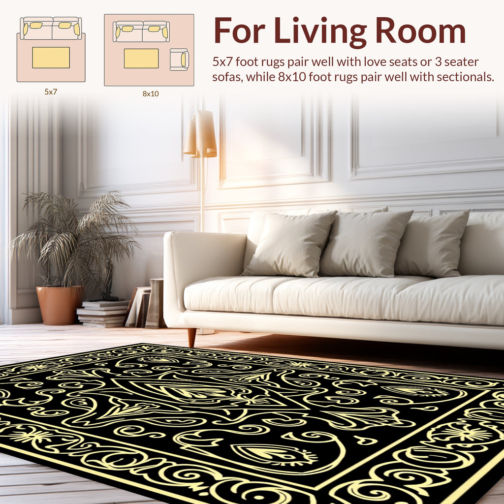 Elegant Black Gold Floral Pattern Rug