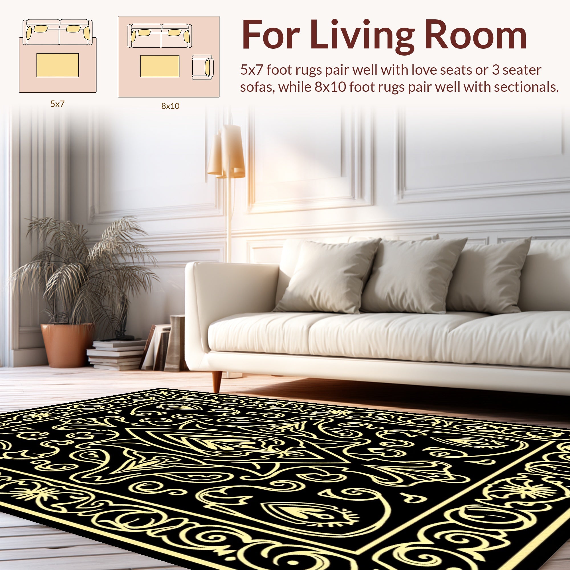 Elegant Black Gold Floral Pattern Rug