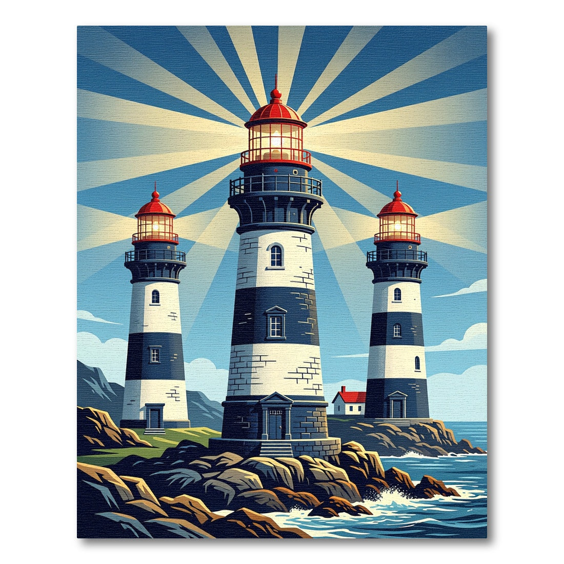 Coastal Triple Lighthouses Radiating Light Rug