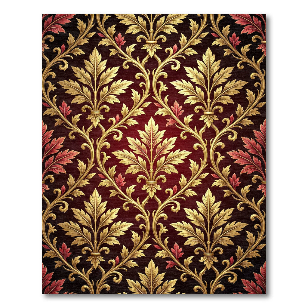 Ornate Gold Leaf Red Damask Rug